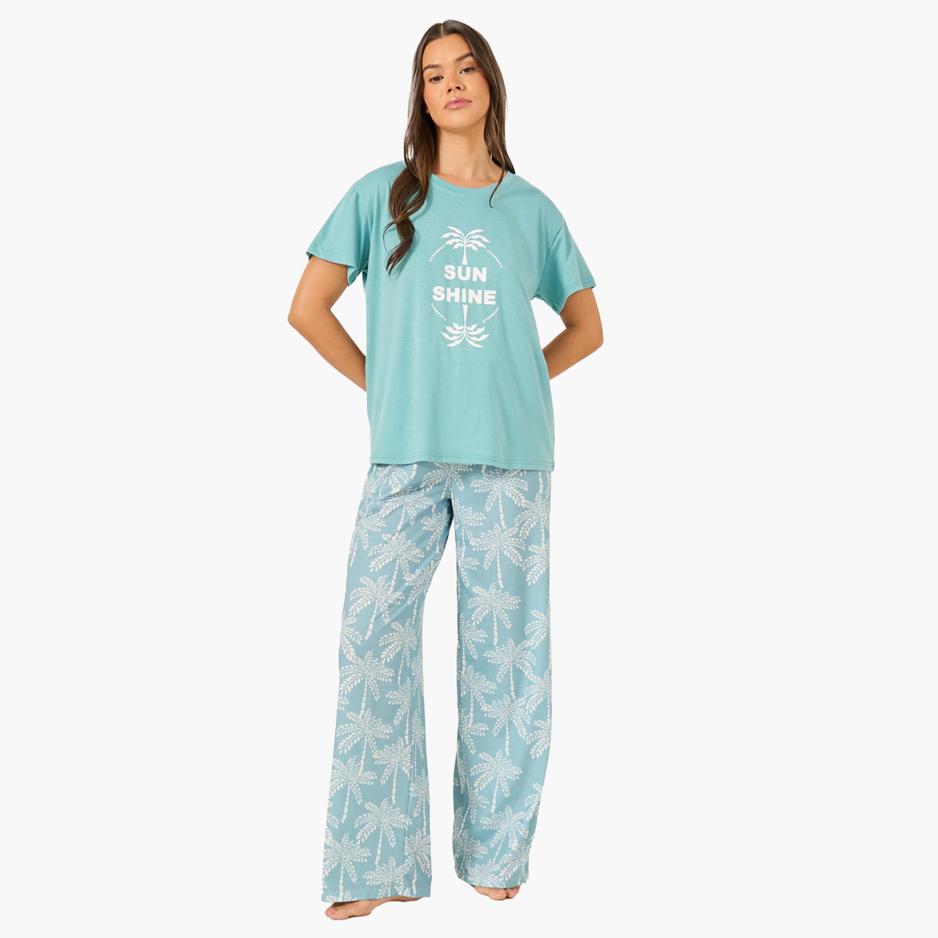 Styli Palm Graphic Print Dropped Shoulder T-Shirt and Straight Pyjama Set-women-clothing-nightwear-pyjamas-longsets-image-1