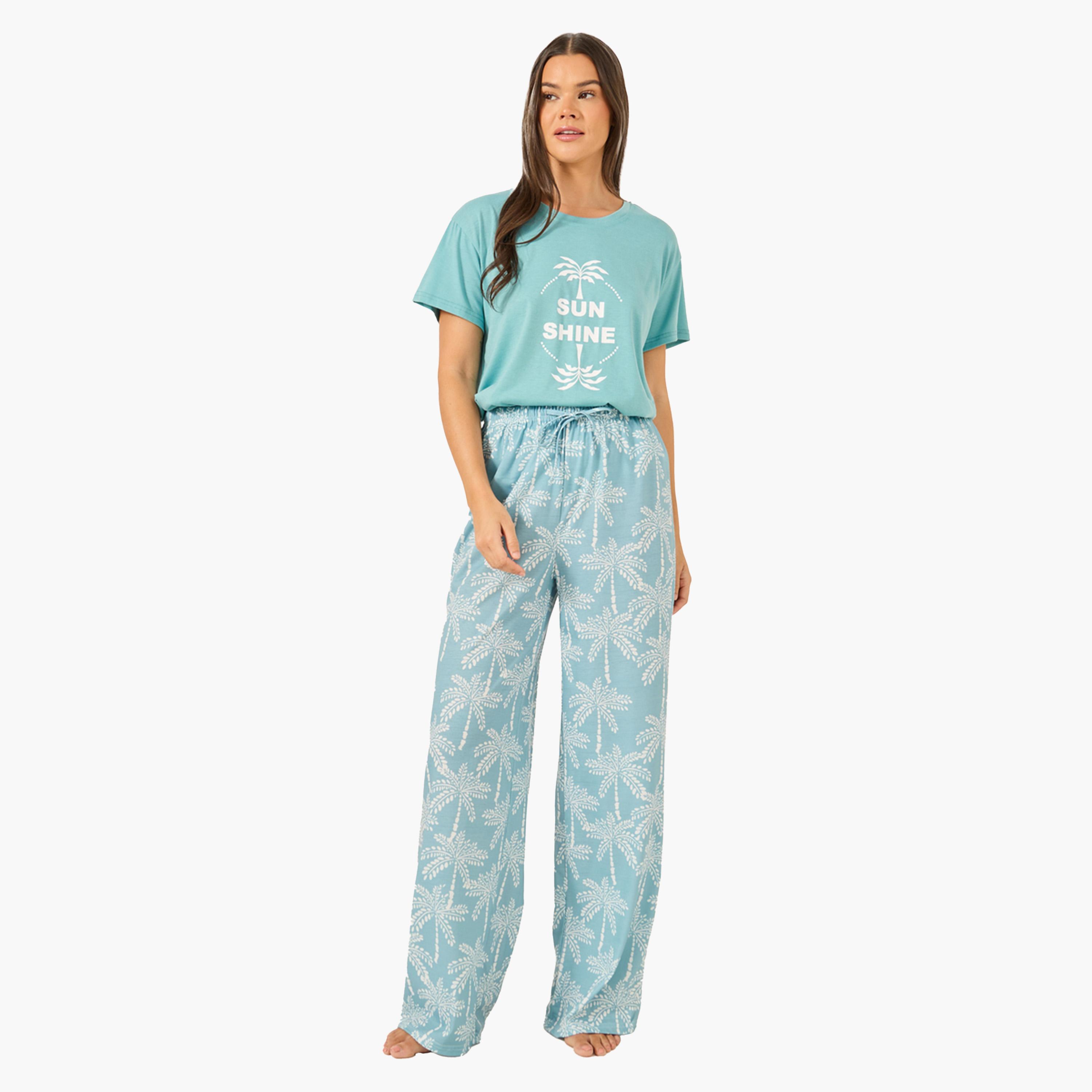 Styli Palm Graphic Print Dropped Shoulder T-Shirt and Straight Pyjama Set-women-clothing-nightwear-pyjamas-longsets-image-2