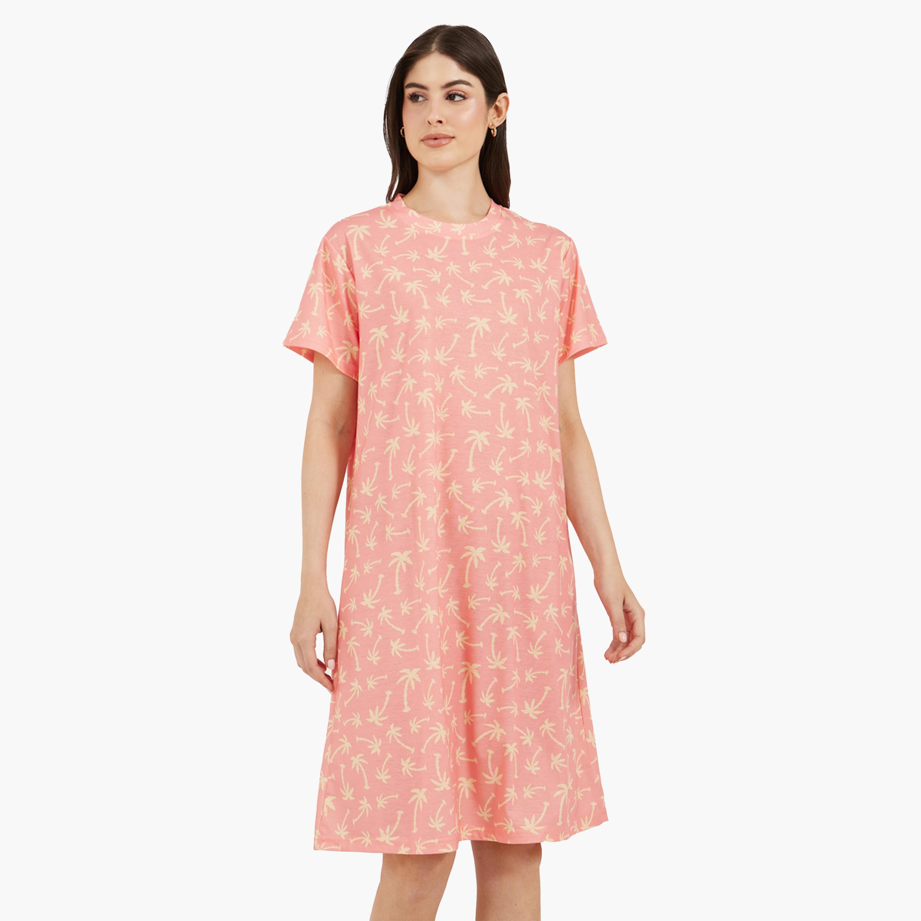 Styli All-Over Palm Tree Print Dropped Shoulder SleepT-Shirt-women-clothing-nightwear-nighties-image-2