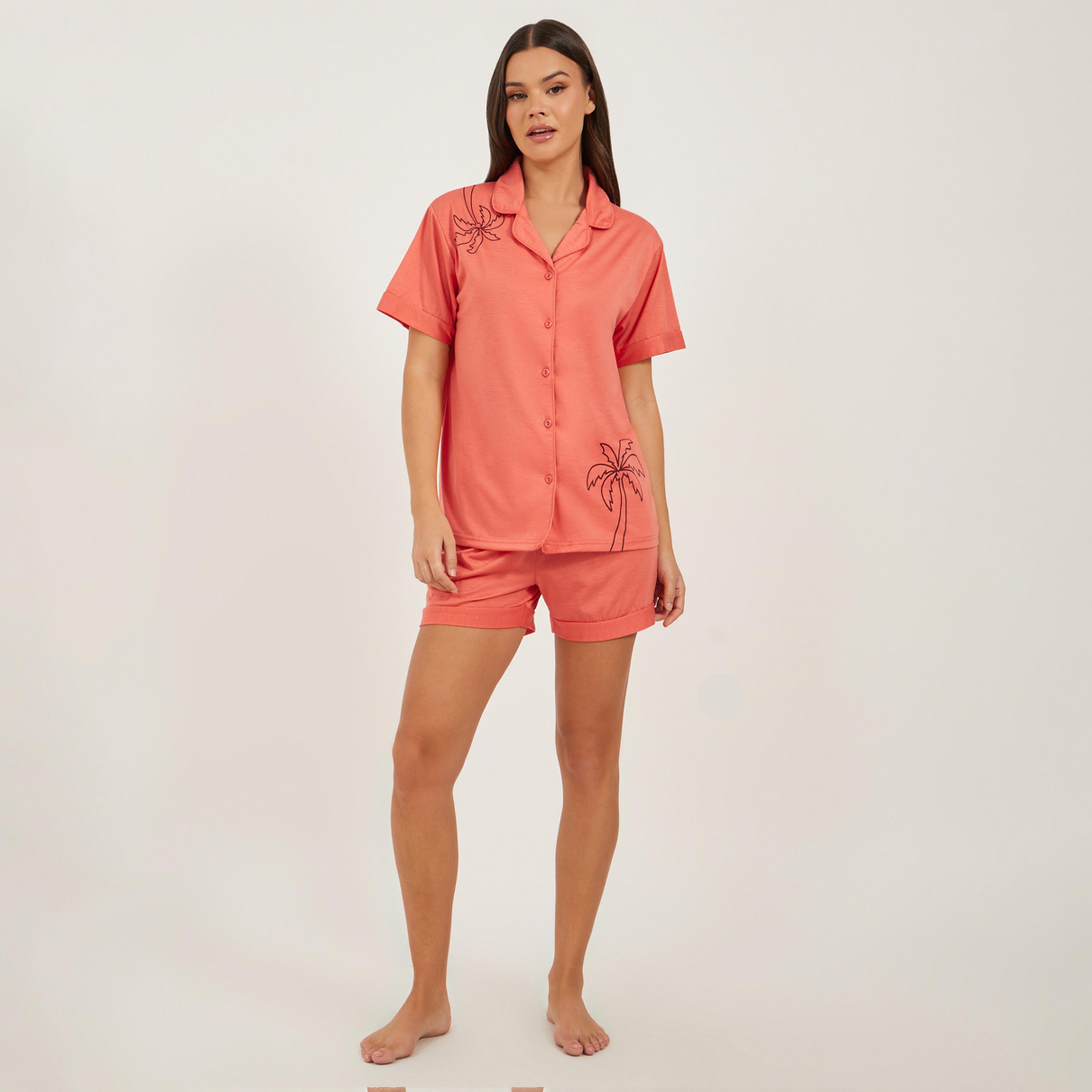 Styli Palm Placement Printed Shirt and Pyjama Shorts Set-women-clothing-nightwear-pyjamas-shortsets-image-1