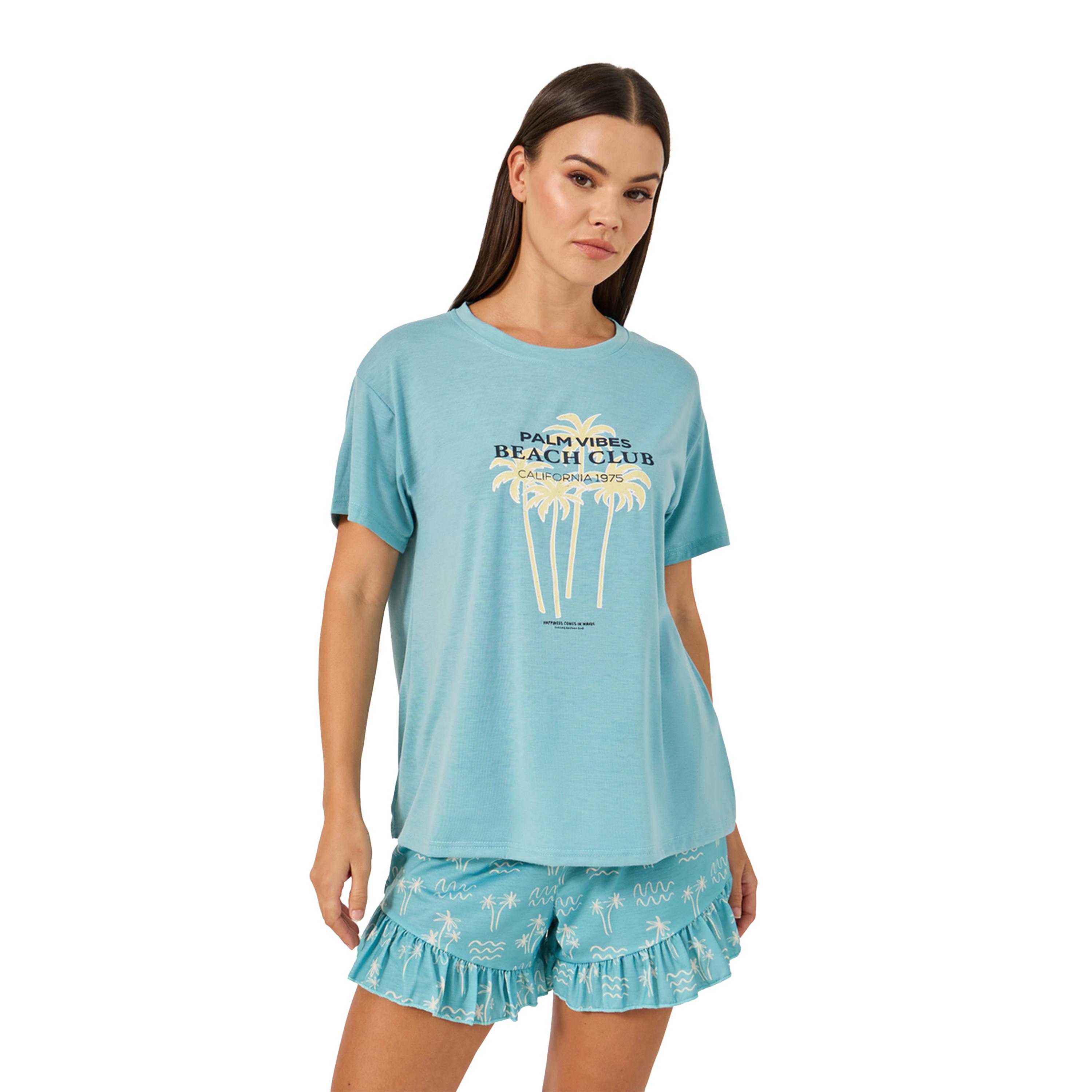 Styli Graphic Drop Shoulder Tee and Ruffle Short Set-women-clothing-nightwear-pyjamas-shortsets-image-3