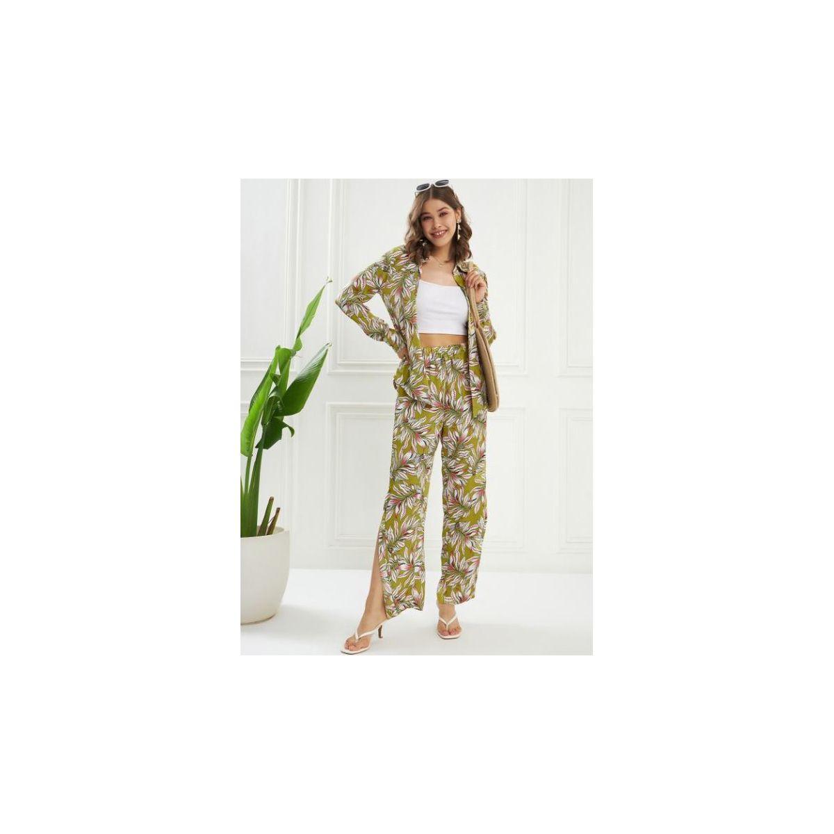 طقم منسق من بنطال بشق جانبي وبلوزة بطبعة استوائية كَسوالي × ستايلي-women-clothing-coordsets-image-1