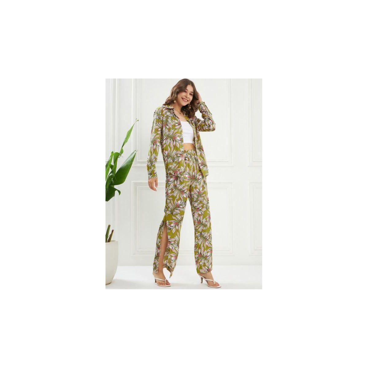 طقم منسق من بنطال بشق جانبي وبلوزة بطبعة استوائية كَسوالي × ستايلي-women-clothing-coordsets-image-2