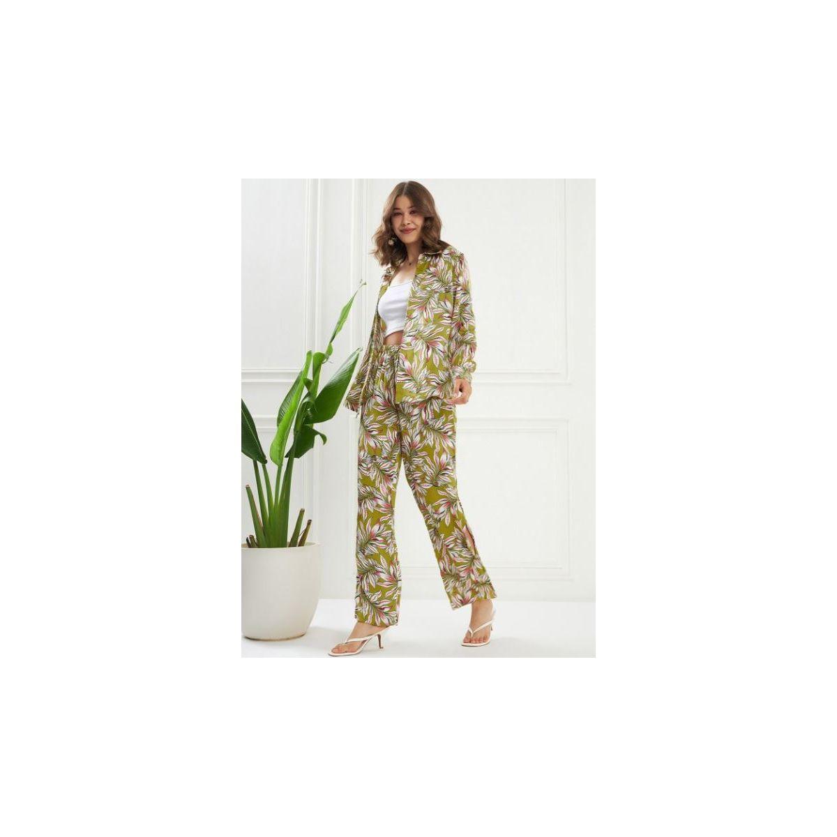 طقم منسق من بنطال بشق جانبي وبلوزة بطبعة استوائية كَسوالي × ستايلي-women-clothing-coordsets-image-5