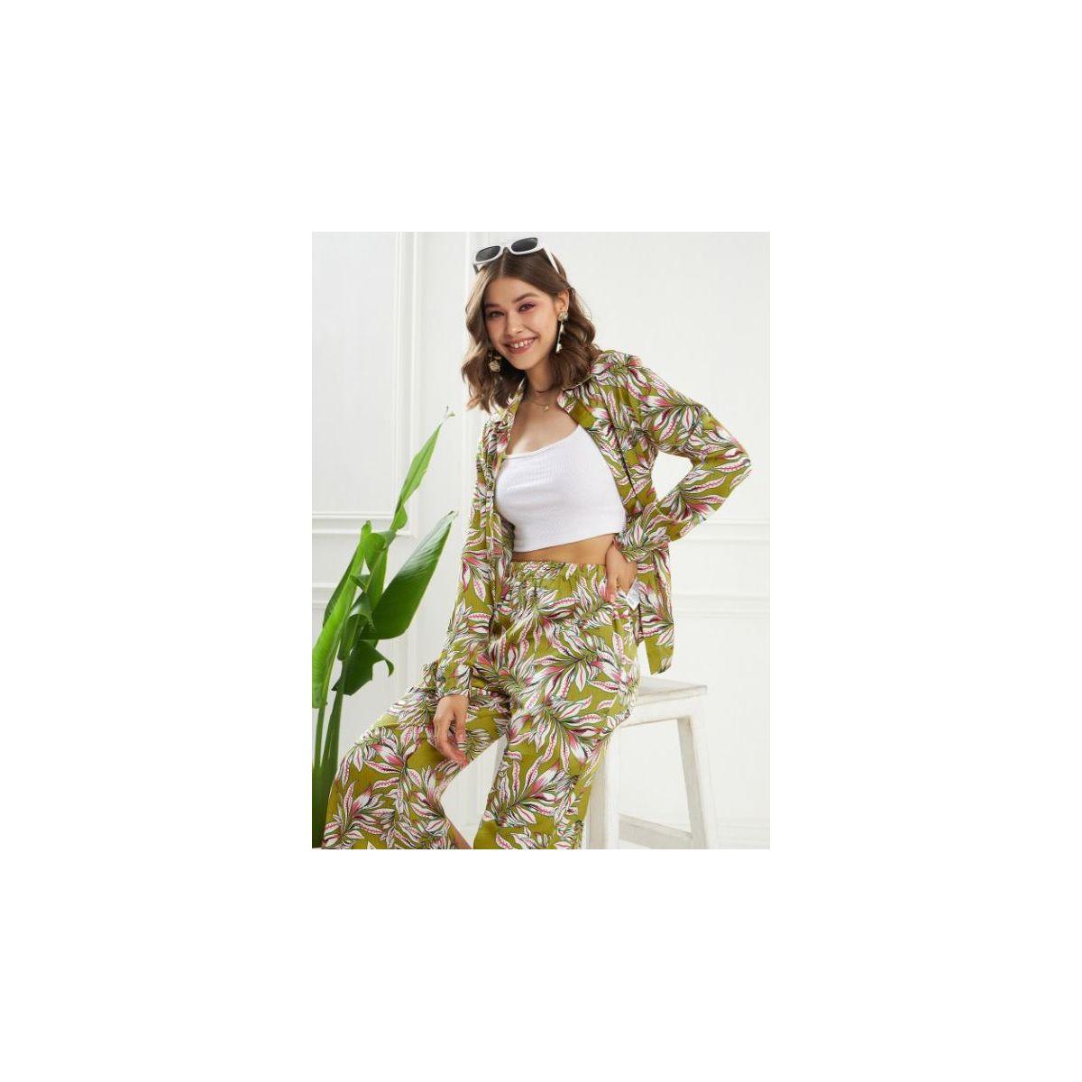 طقم منسق من بنطال بشق جانبي وبلوزة بطبعة استوائية كَسوالي × ستايلي-women-clothing-coordsets-image-6