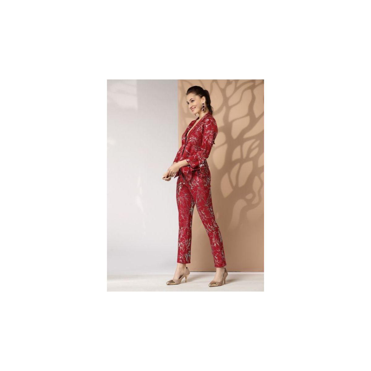 طقم منسق من بنطال مع بليزر بطبعة فويل وقصة عادية كَسوالي × ستايلي-women-clothing-coordsets-image-2