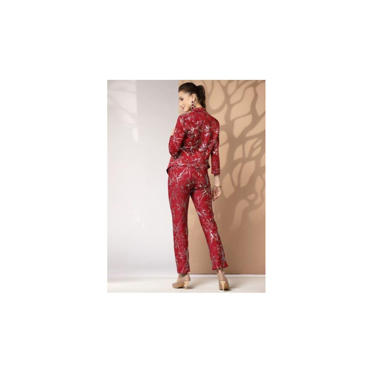 طقم منسق من بنطال مع بليزر بطبعة فويل وقصة عادية كَسوالي × ستايلي-women-clothing-coordsets-image-3