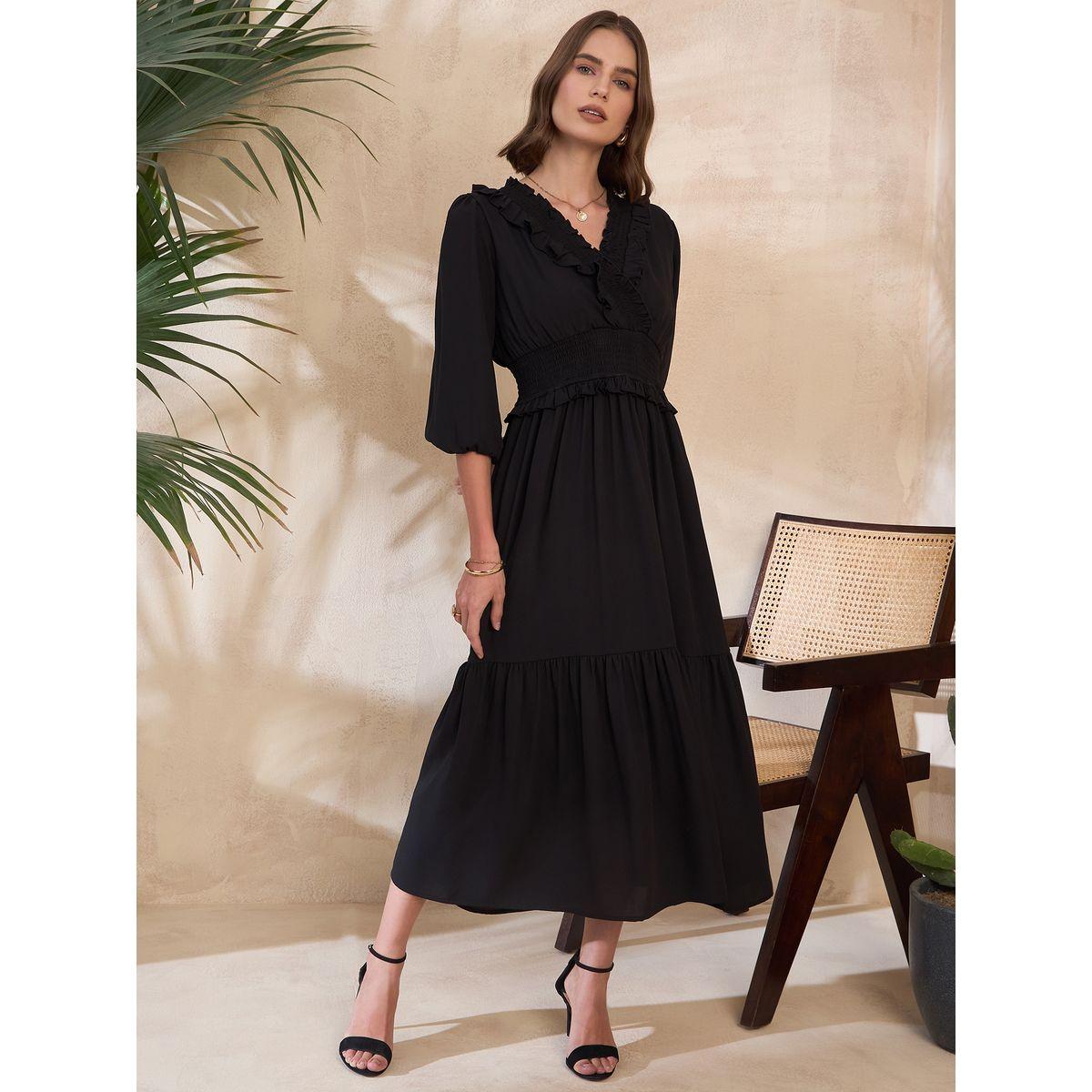 Kassually X Styli  Ruffled V Neck A-Line Midi Dress-women-clothing-dresses-image-1