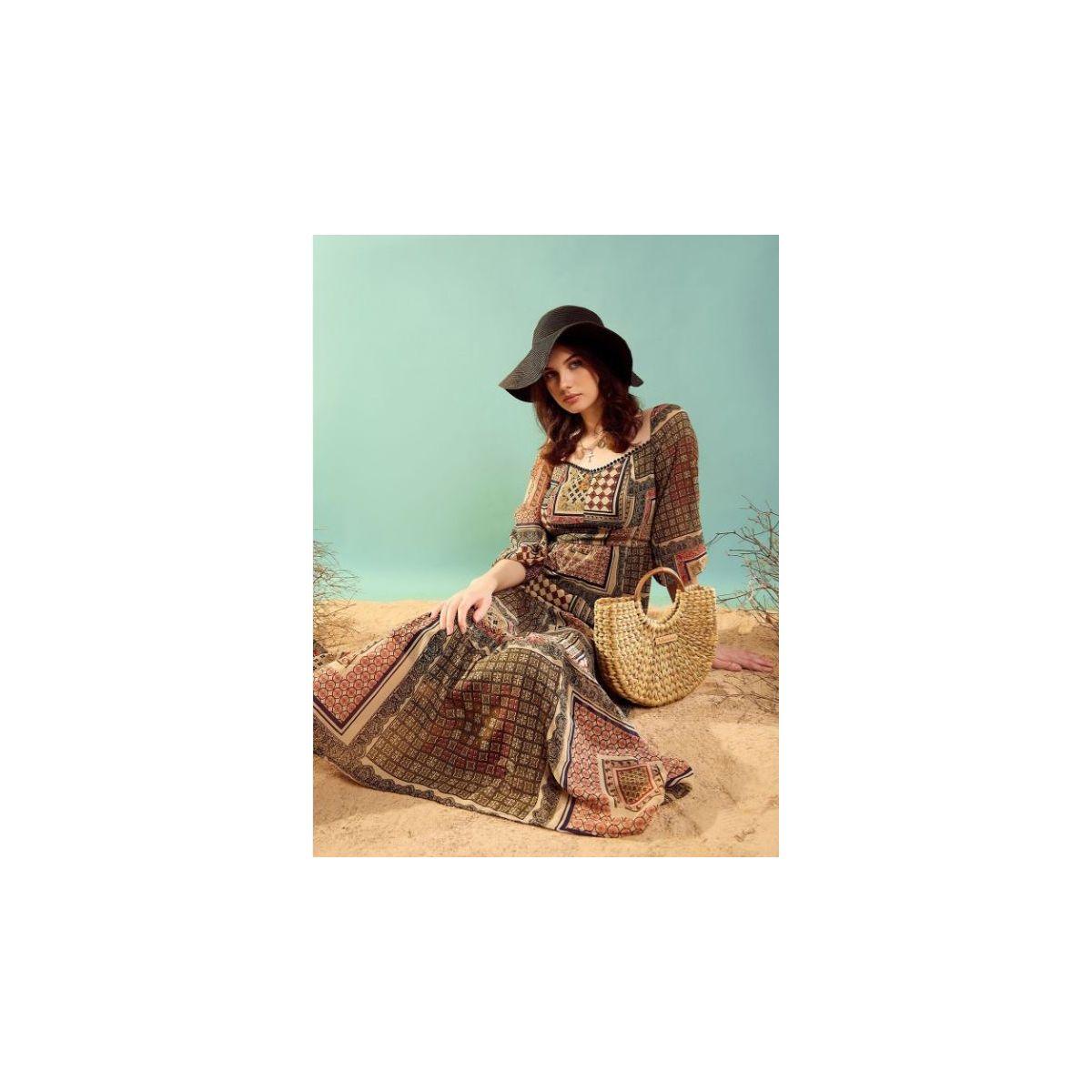 فستان طويل بطبعة مُرقعة وأكمام 3/4 كَسوالي × ستايلي-women-clothing-dresses-image-1