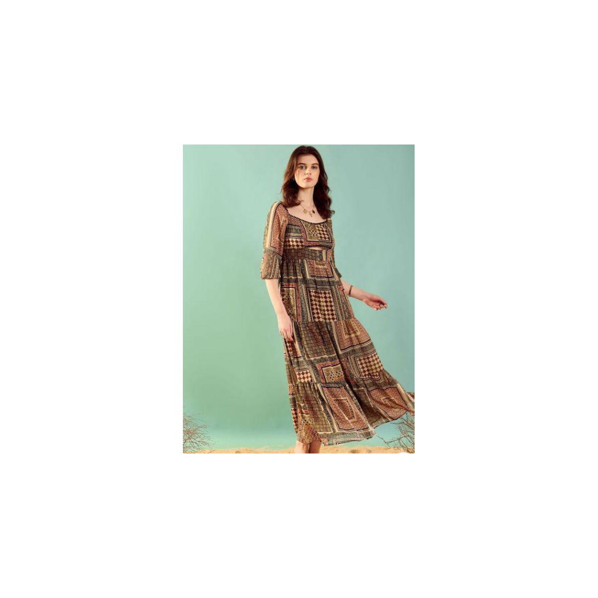 Kassually X Styli  Patchwork Print 3/4 Sleeves Tiered Maxi Dress-women-clothing-dresses-image-2
