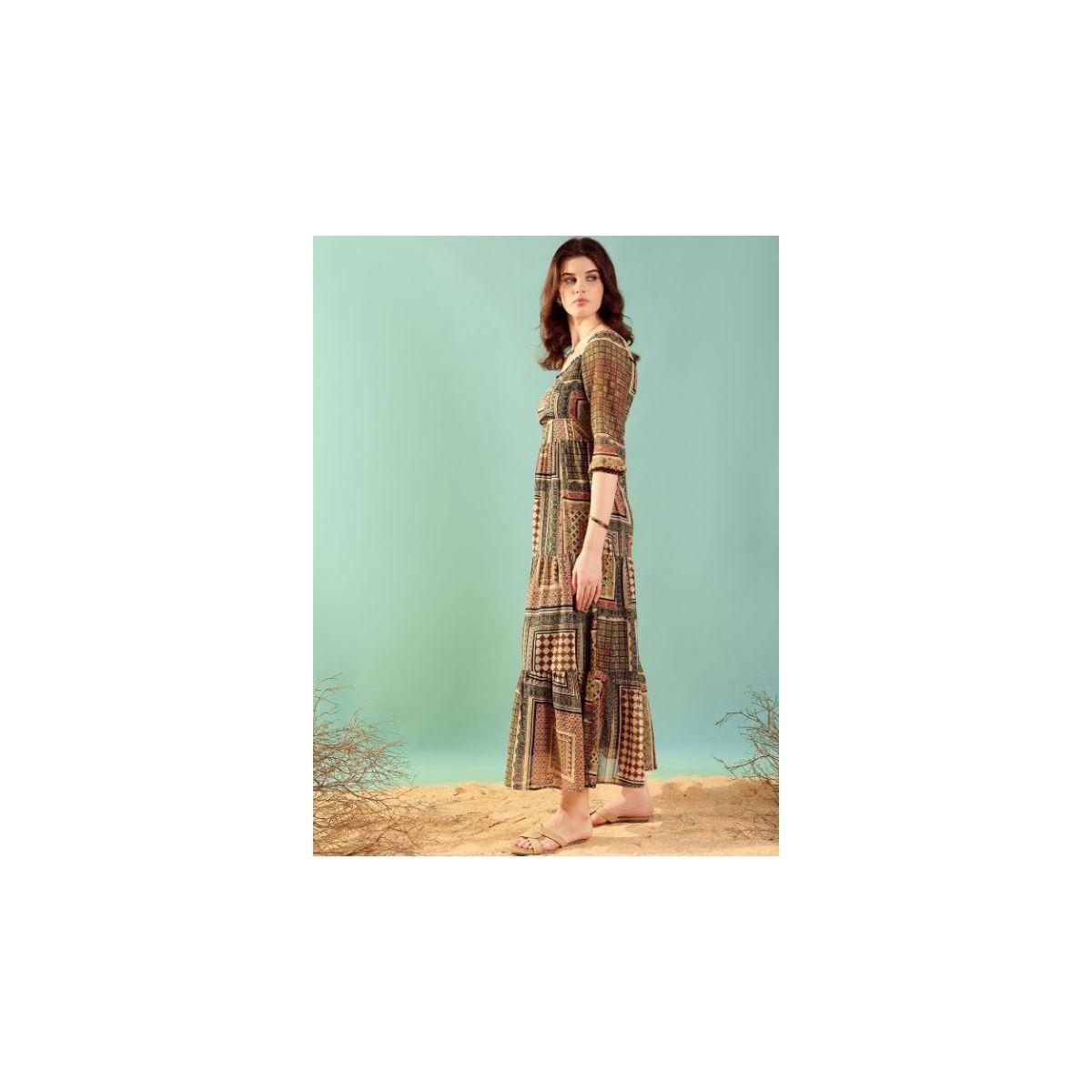 Kassually X Styli  Patchwork Print 3/4 Sleeves Tiered Maxi Dress-women-clothing-dresses-image-4
