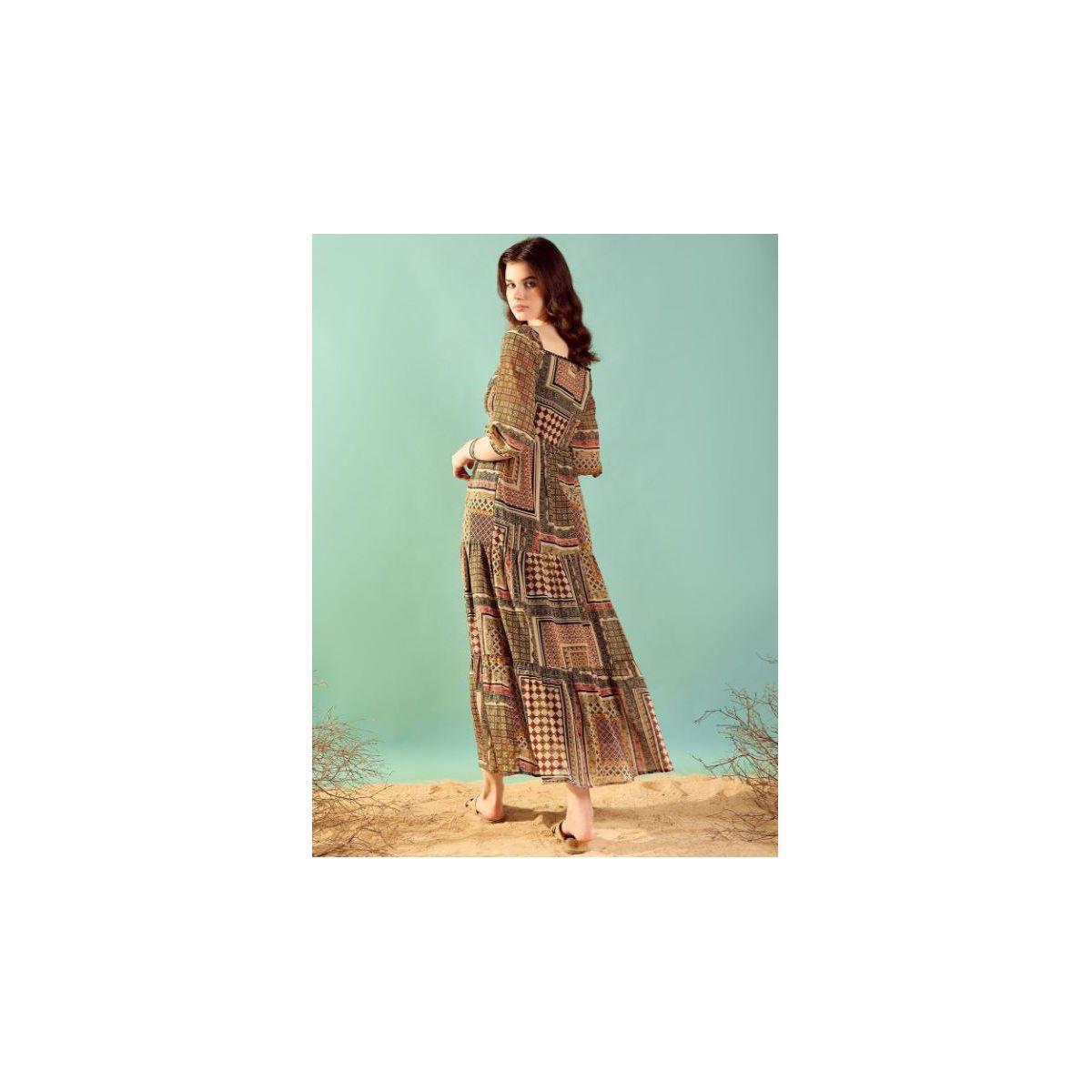 فستان طويل بطبعة مُرقعة وأكمام 3/4 كَسوالي × ستايلي-women-clothing-dresses-image-5