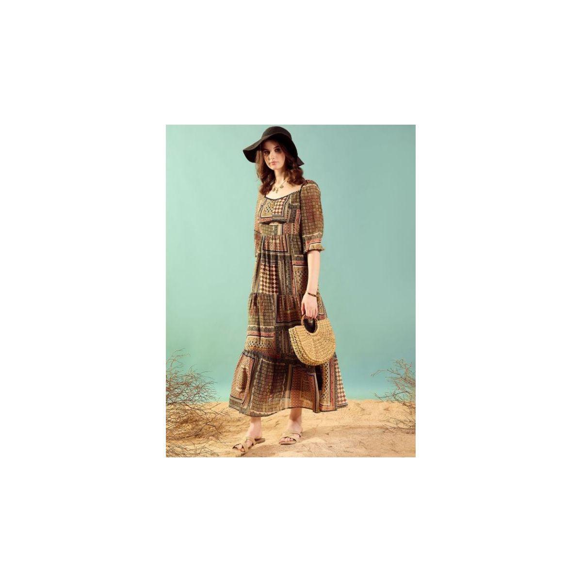 فستان طويل بطبعة مُرقعة وأكمام 3/4 كَسوالي × ستايلي-women-clothing-dresses-image-6