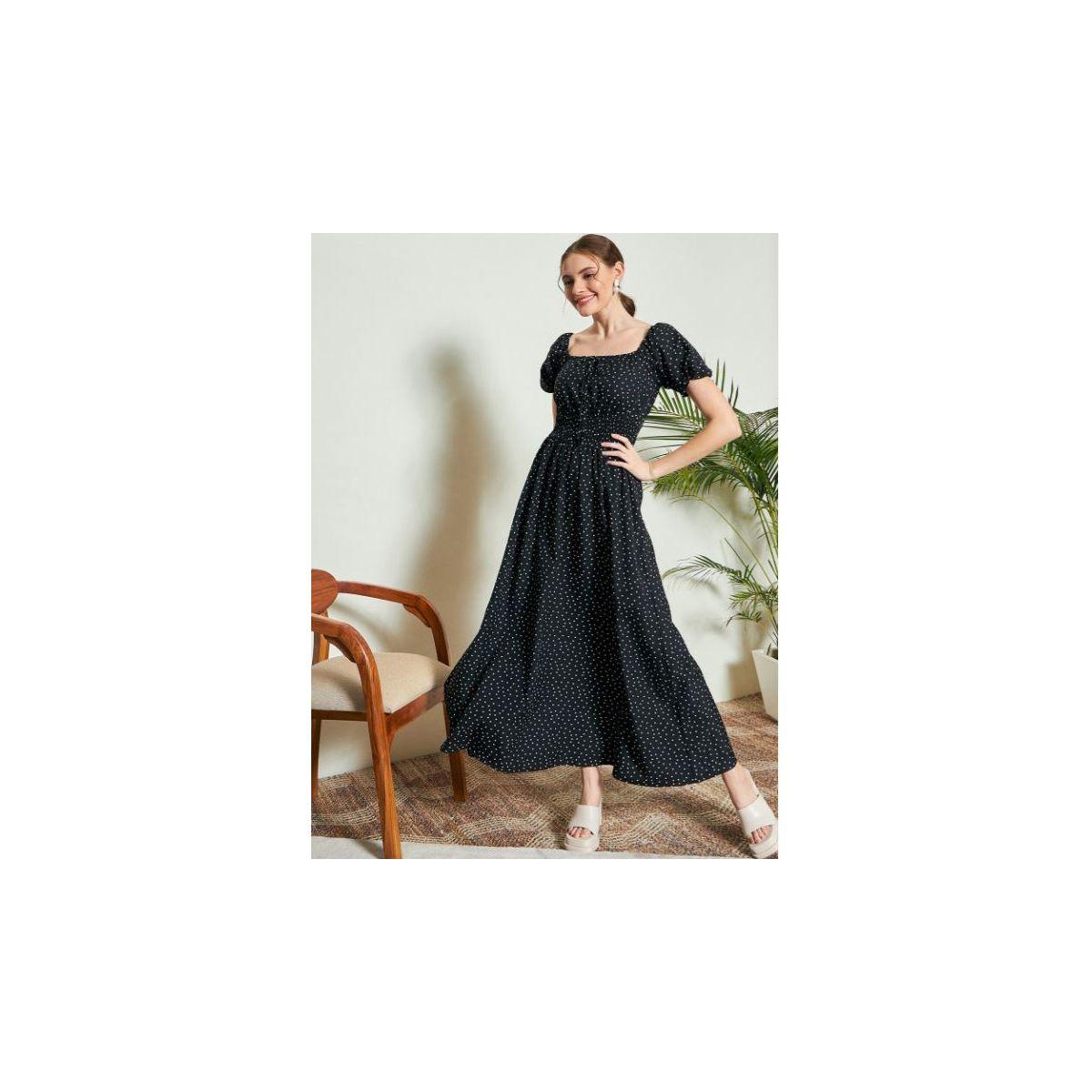 فستان طويل بطبعة نقاط بولكا وحافة واسعة كَسوالي × ستايلي-women-clothing-dresses-image-1