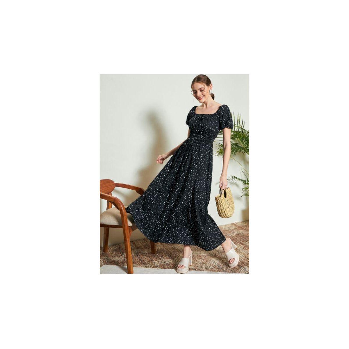 فستان طويل بطبعة نقاط بولكا وحافة واسعة كَسوالي × ستايلي-women-clothing-dresses-image-5