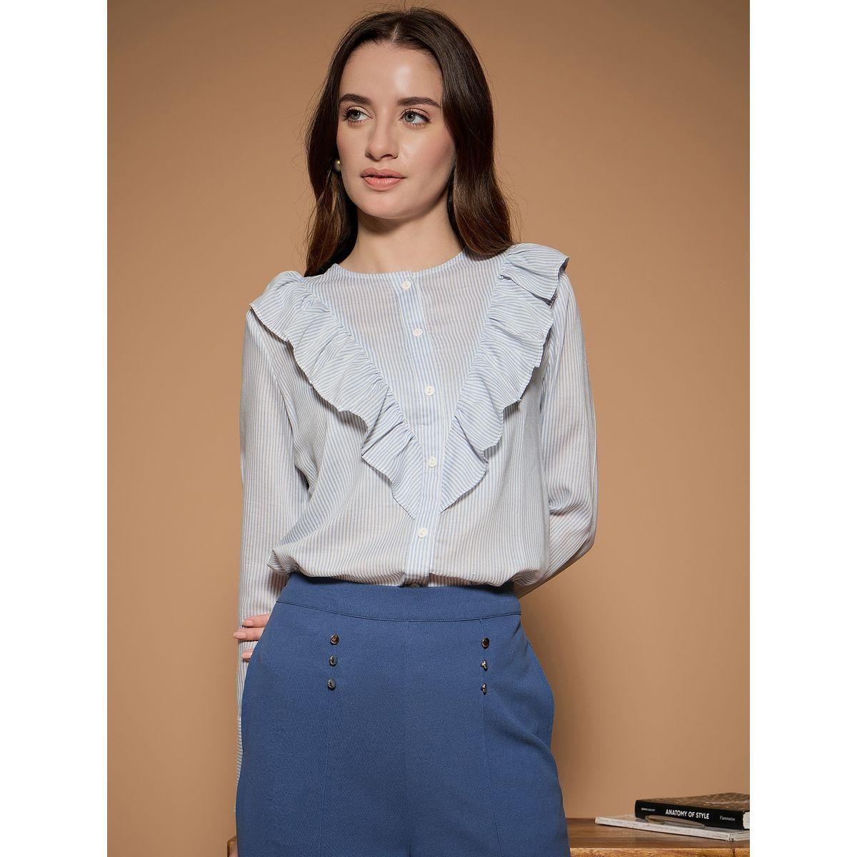 بلوزة مخططة بتفاصيل كشكش كَسوالي × ستايلي-women-clothing-shirtsandblouses-shirts-image-2