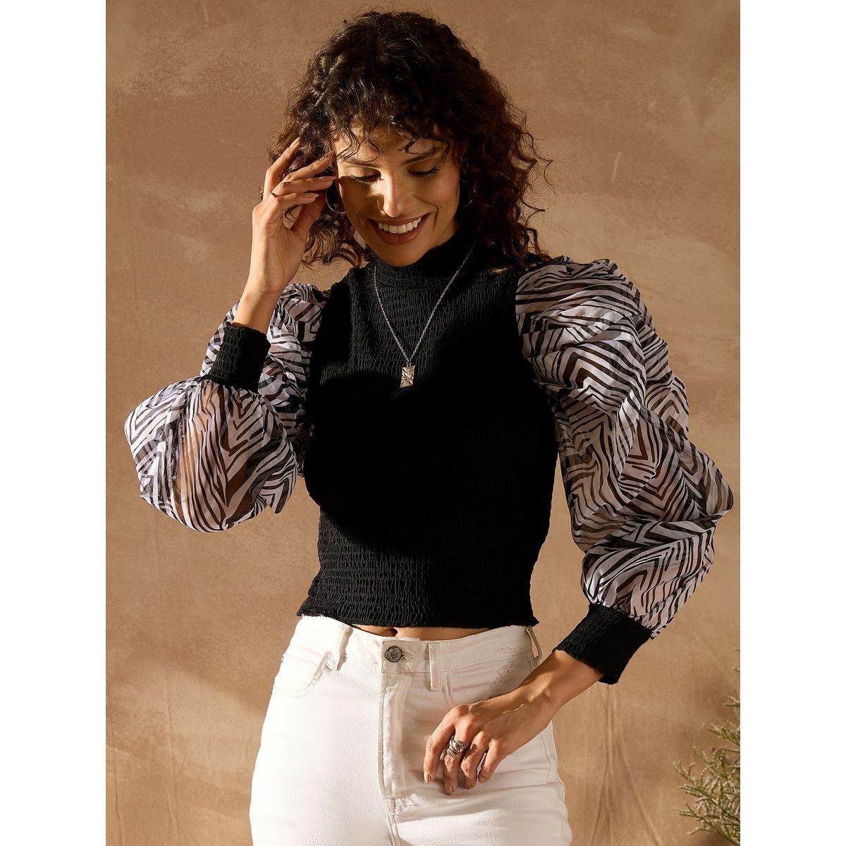 Kassually X Styli  Printed Puff Sleeves Textured Crop Top-women-clothing-shirtsandblouses-blouses-image-1