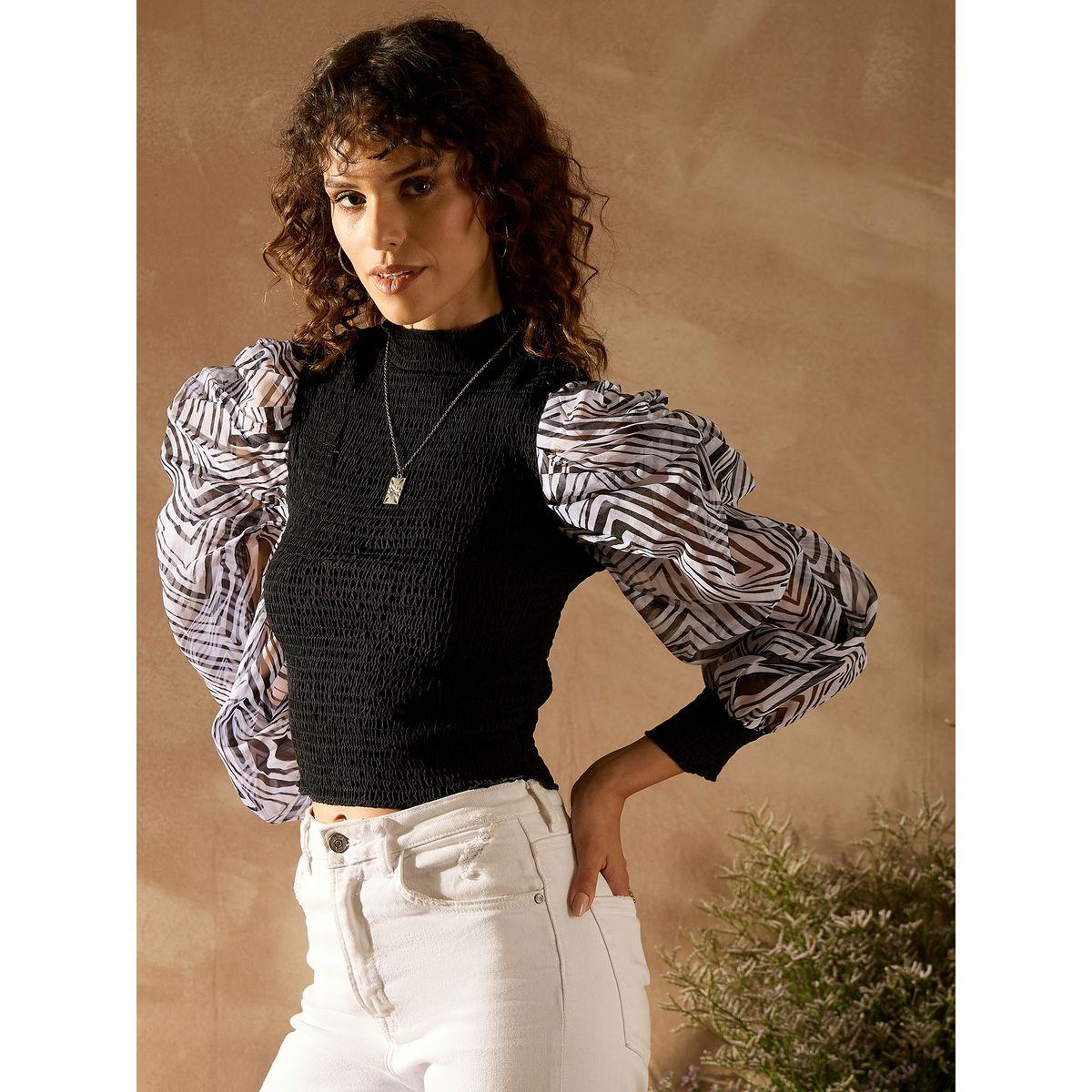 بلوزة قصيرة بتفاصيل بارزة الملمس مع أكمام منفوخة كَسوالي × ستايلي-women-clothing-shirtsandblouses-blouses-image-2