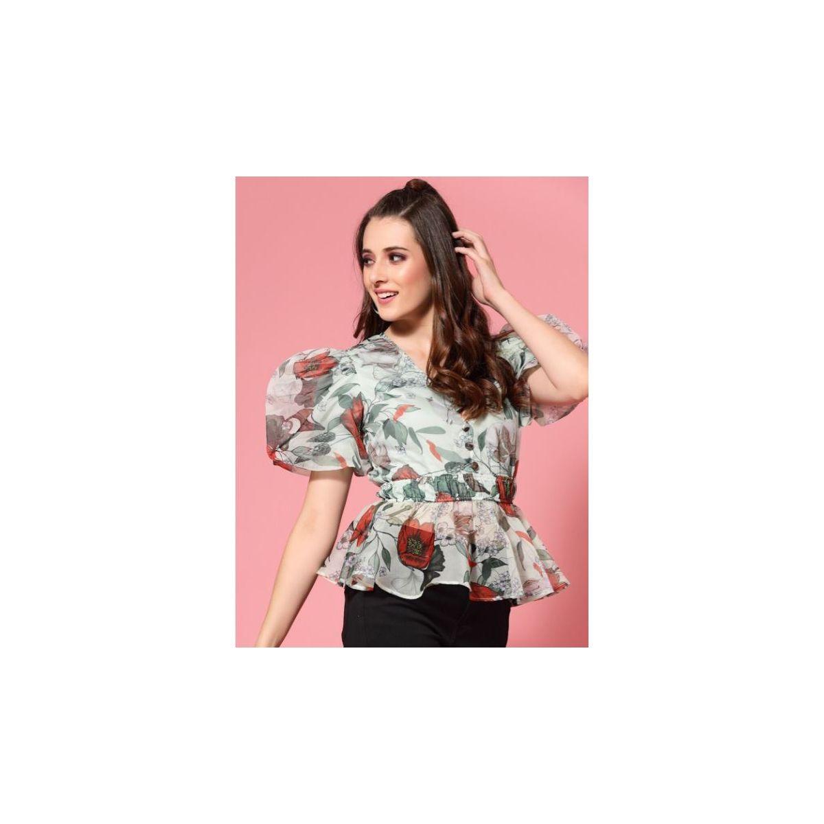بلوزة بيبلوم بطبعة زهور وأكمام منفوخة كَسوالي × ستايلي-women-clothing-shirtsandblouses-blouses-image-2