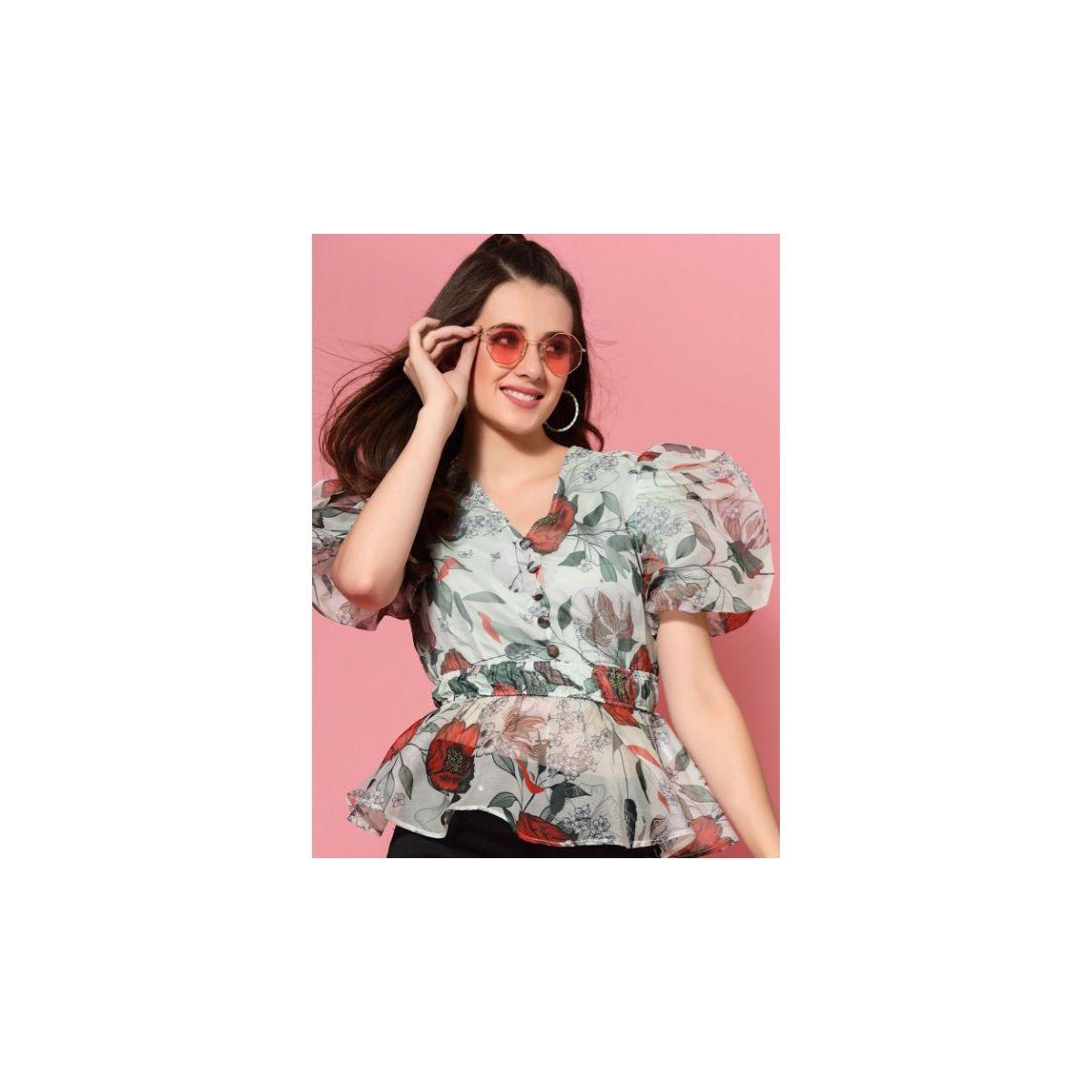 بلوزة بيبلوم بطبعة زهور وأكمام منفوخة كَسوالي × ستايلي-women-clothing-shirtsandblouses-blouses-image-6