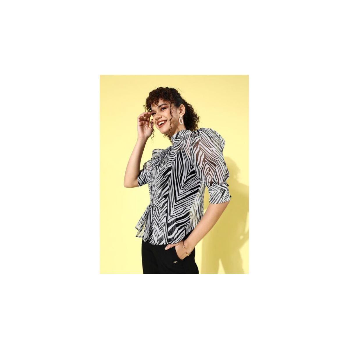 بلوزة مطبعة بالكامل وأكمام منفوخة مع بلوزة كامي كَسوالي × ستايلي-women-clothing-tshirts-image-2