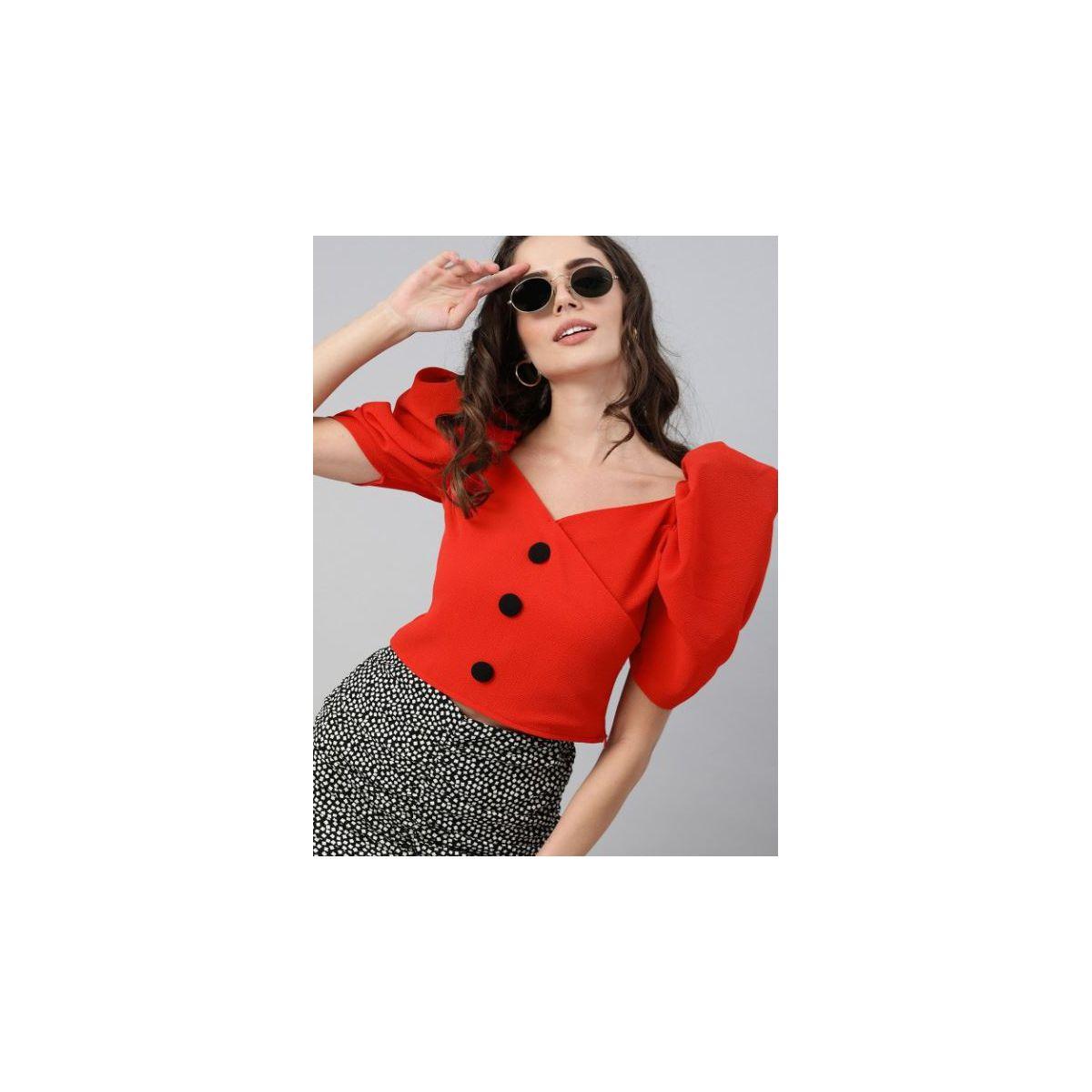 Kassually X Styli  Solid Puff Sleeves Crop Top with Button Detail-women-clothing-shirtsandblouses-blouses-image-1