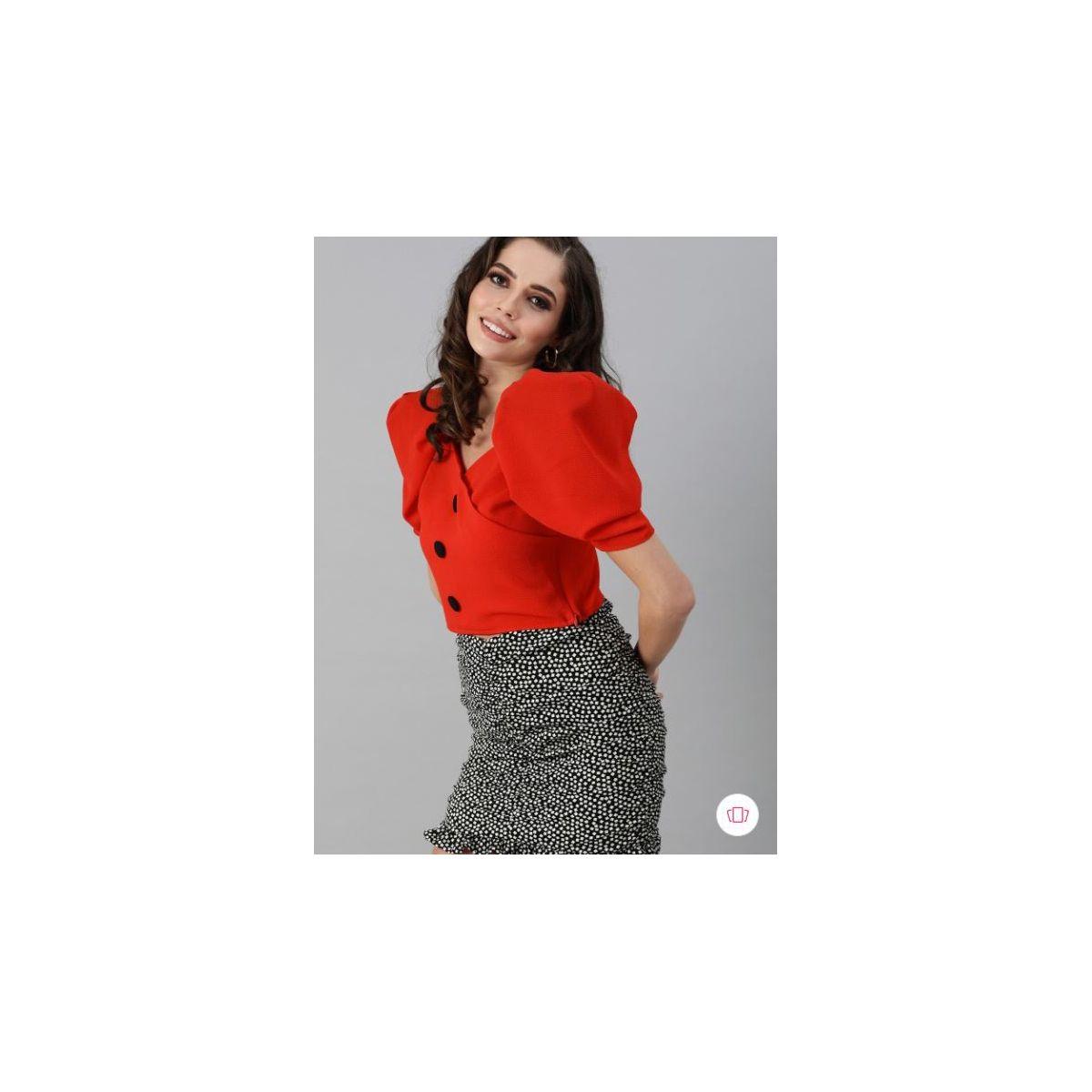 Kassually X Styli  Solid Puff Sleeves Crop Top with Button Detail-women-clothing-shirtsandblouses-blouses-image-2