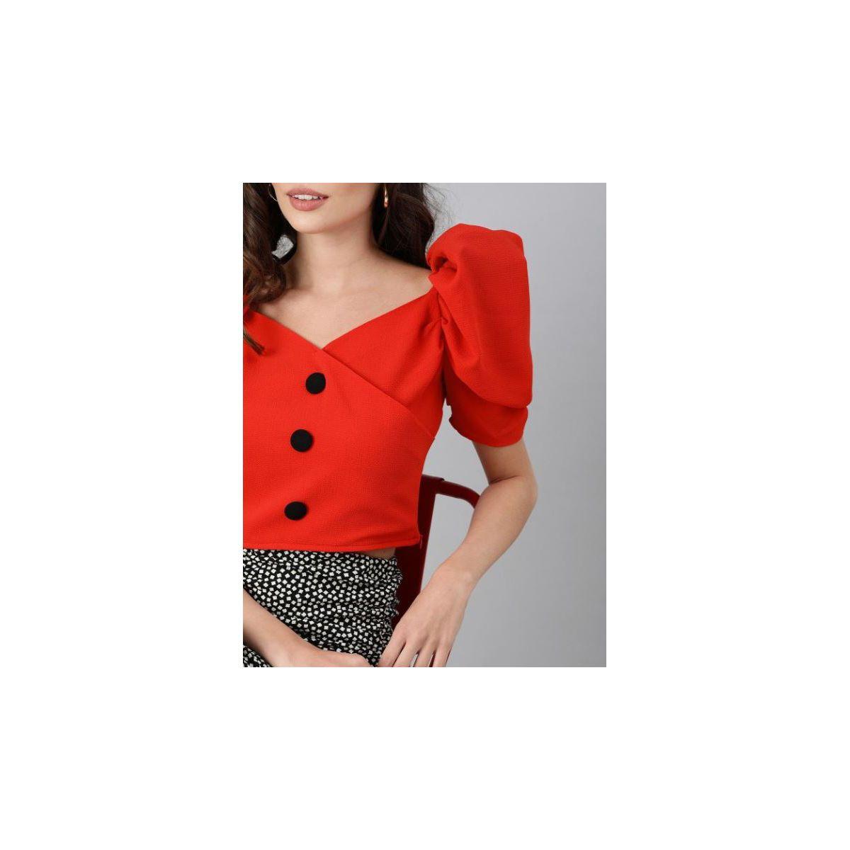Kassually X Styli  Solid Puff Sleeves Crop Top with Button Detail-women-clothing-shirtsandblouses-blouses-image-4