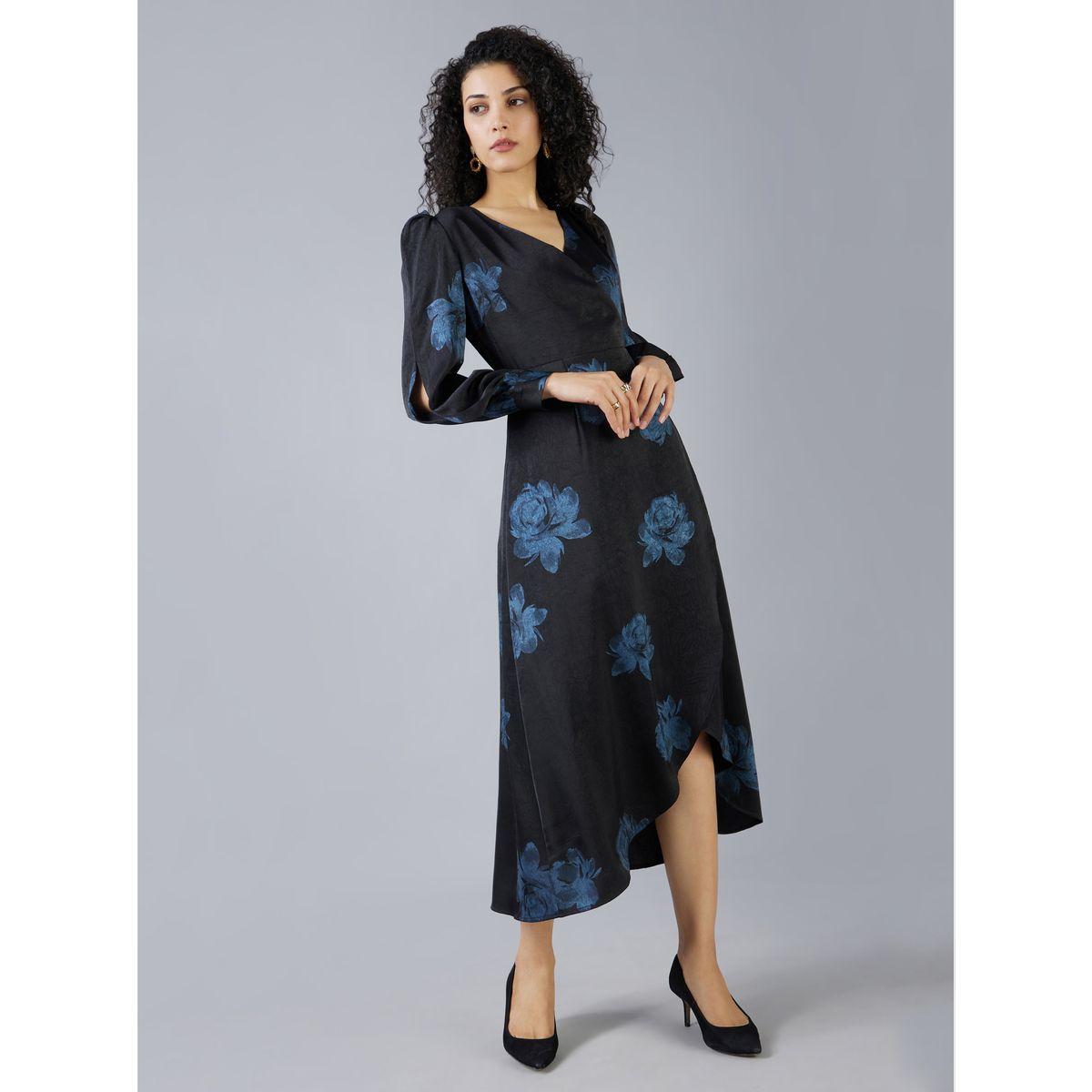 فستان ميدي بطبعة زهور ونمط لف مع أكمام بشق ميش × ستايلي-women-clothing-dresses-image-1