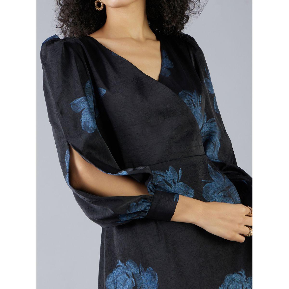 فستان ميدي بطبعة زهور ونمط لف مع أكمام بشق ميش × ستايلي-women-clothing-dresses-image-2