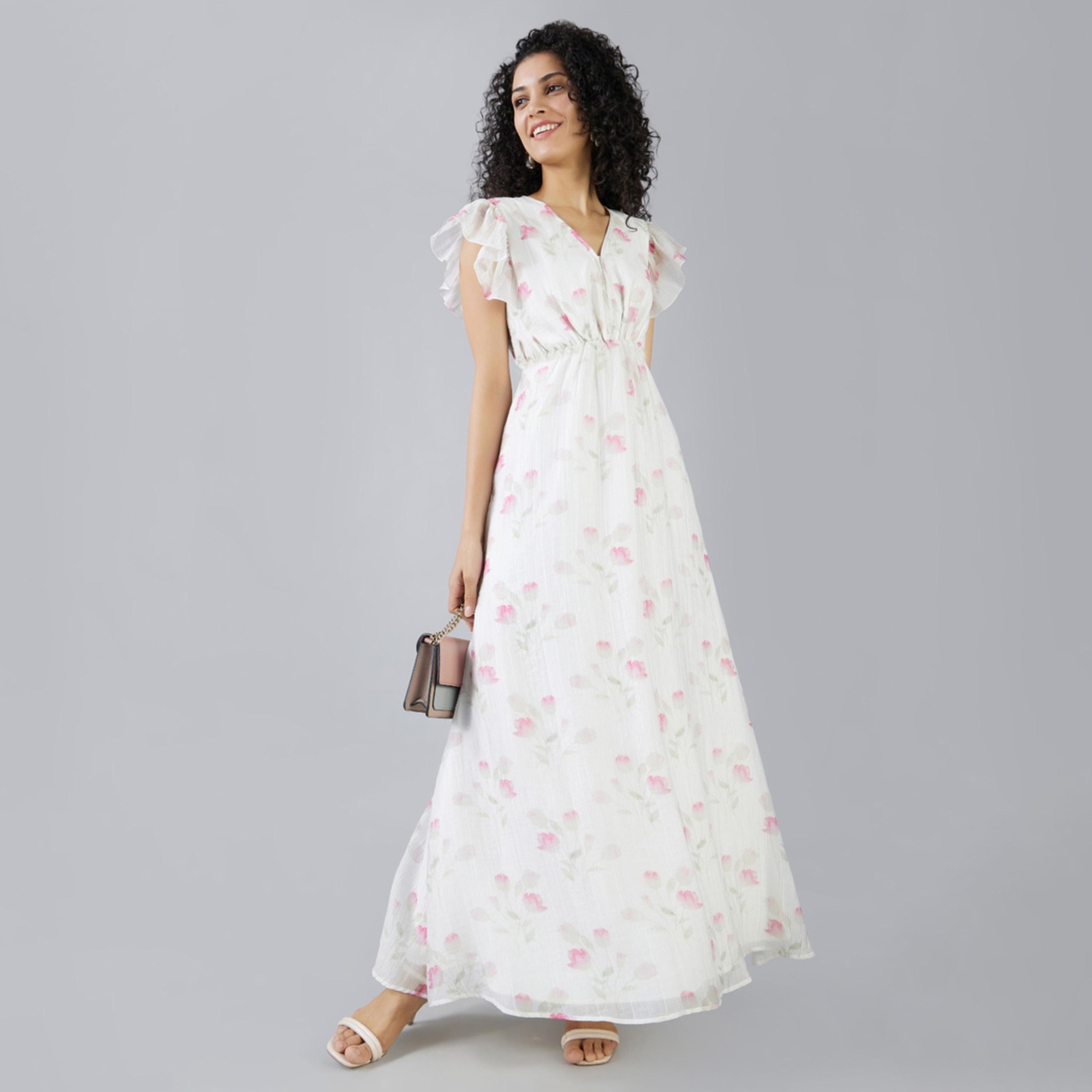 مش × ستايلي-  فستان ماكسي باللون الأبيض الفاتح مع طبعات زهور وأكمام قصيرة واسعة-women-clothing-dresses-image-1