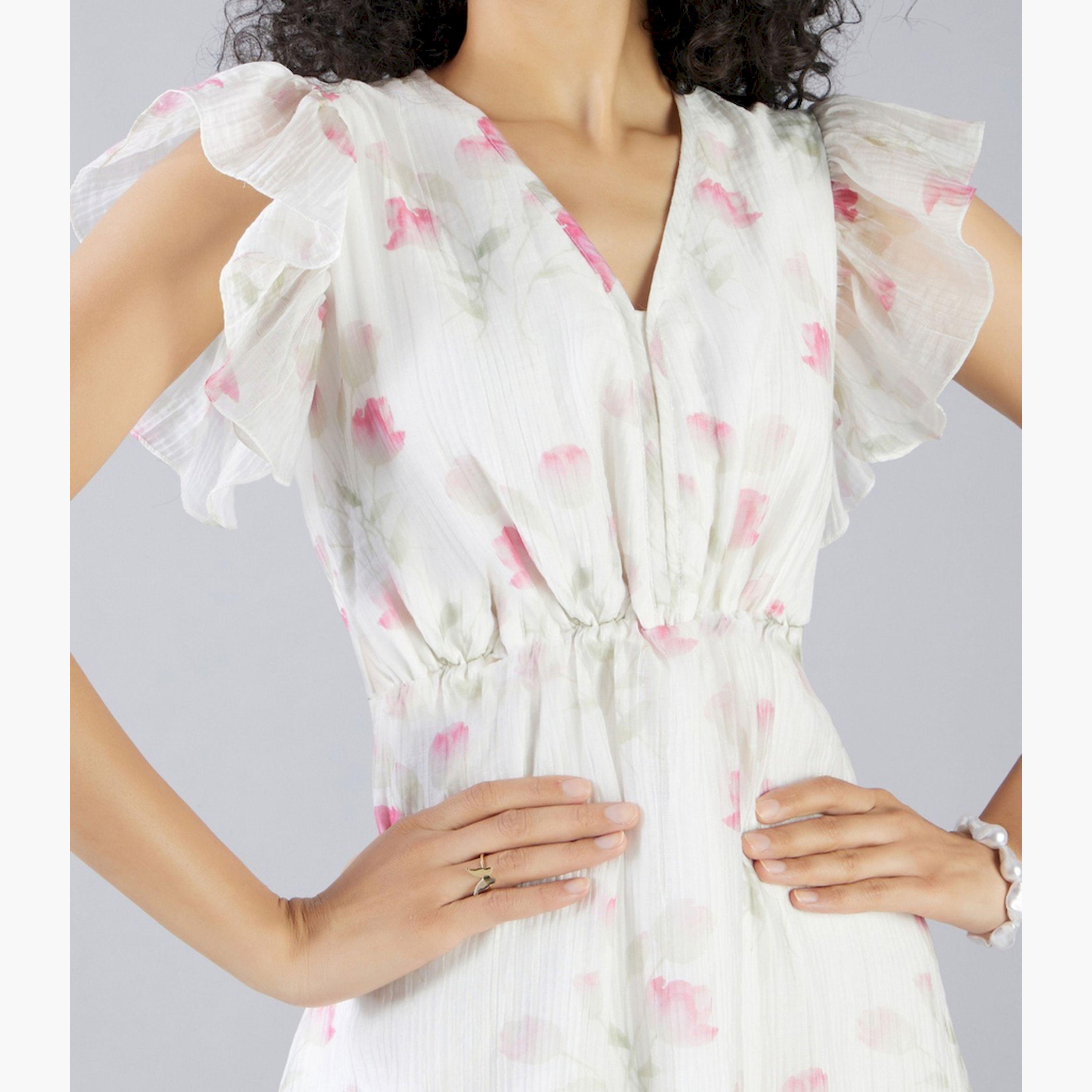 Mish X Styli Off- white maxi dress with floral print design and short flared sleeves-women-clothing-dresses-image-2