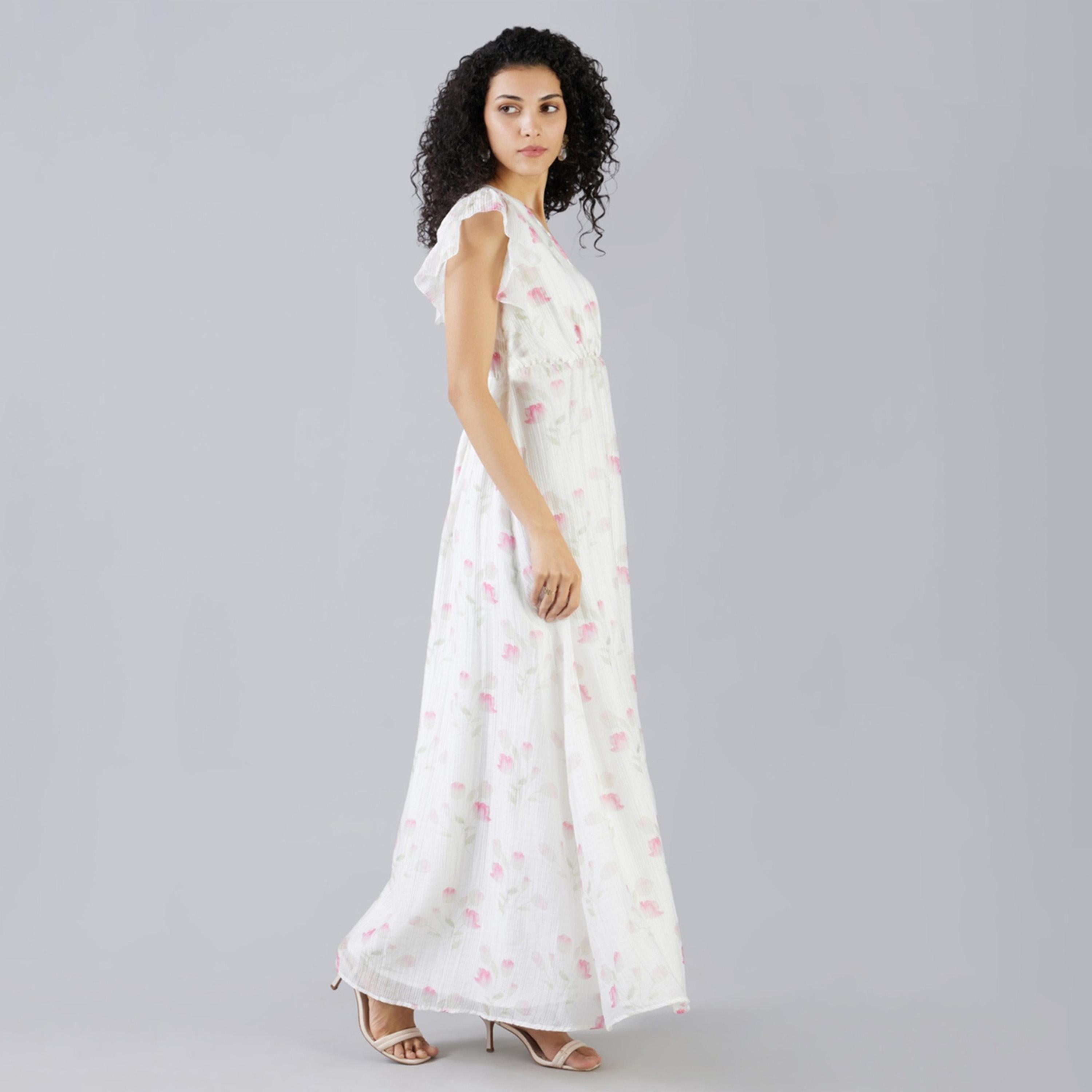 Mish X Styli Off- white maxi dress with floral print design and short flared sleeves-women-clothing-dresses-image-3