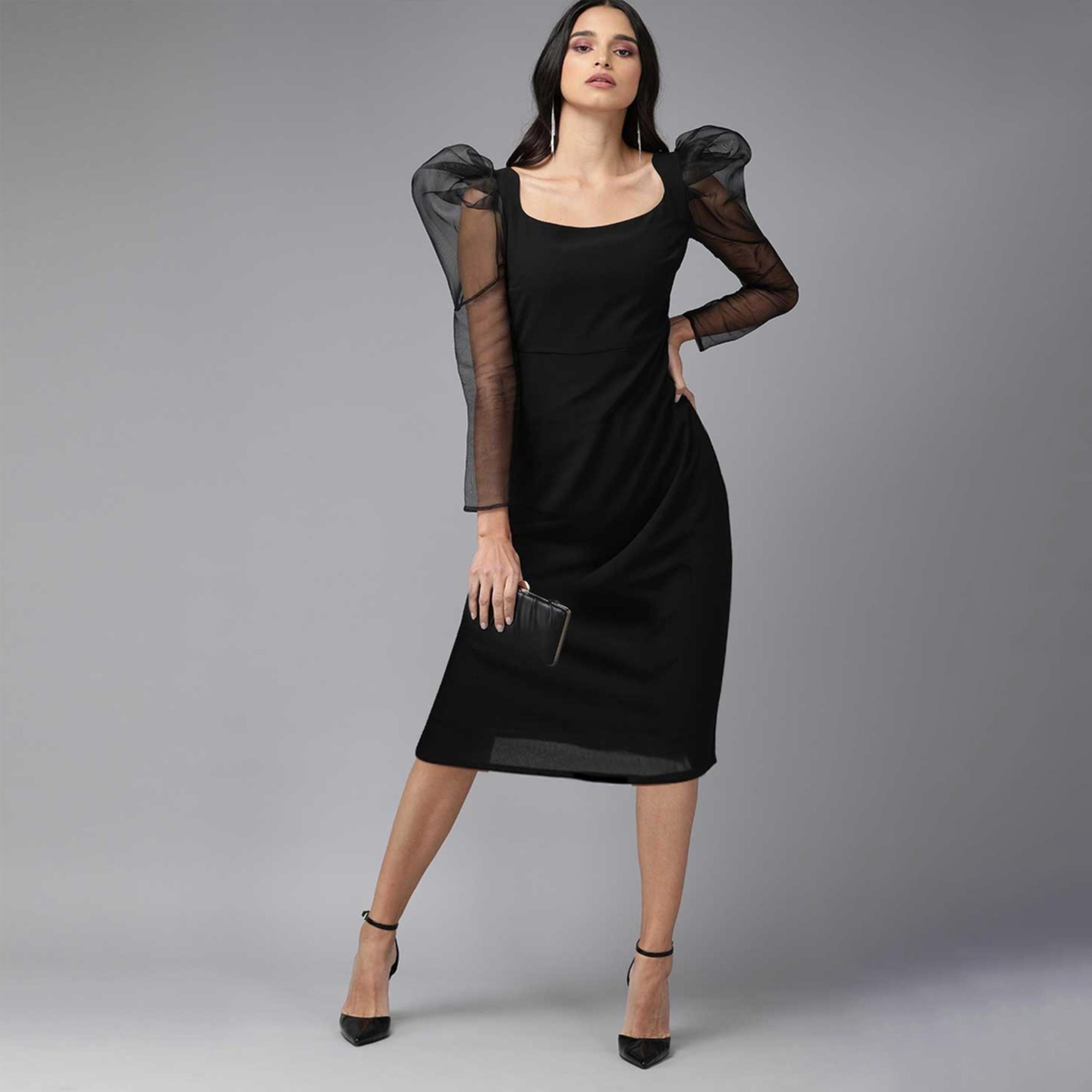 مش × ستايلي-  فستان أسود بطول الركبة وأكمام طويلة منفوخة-women-clothing-dresses-image-1