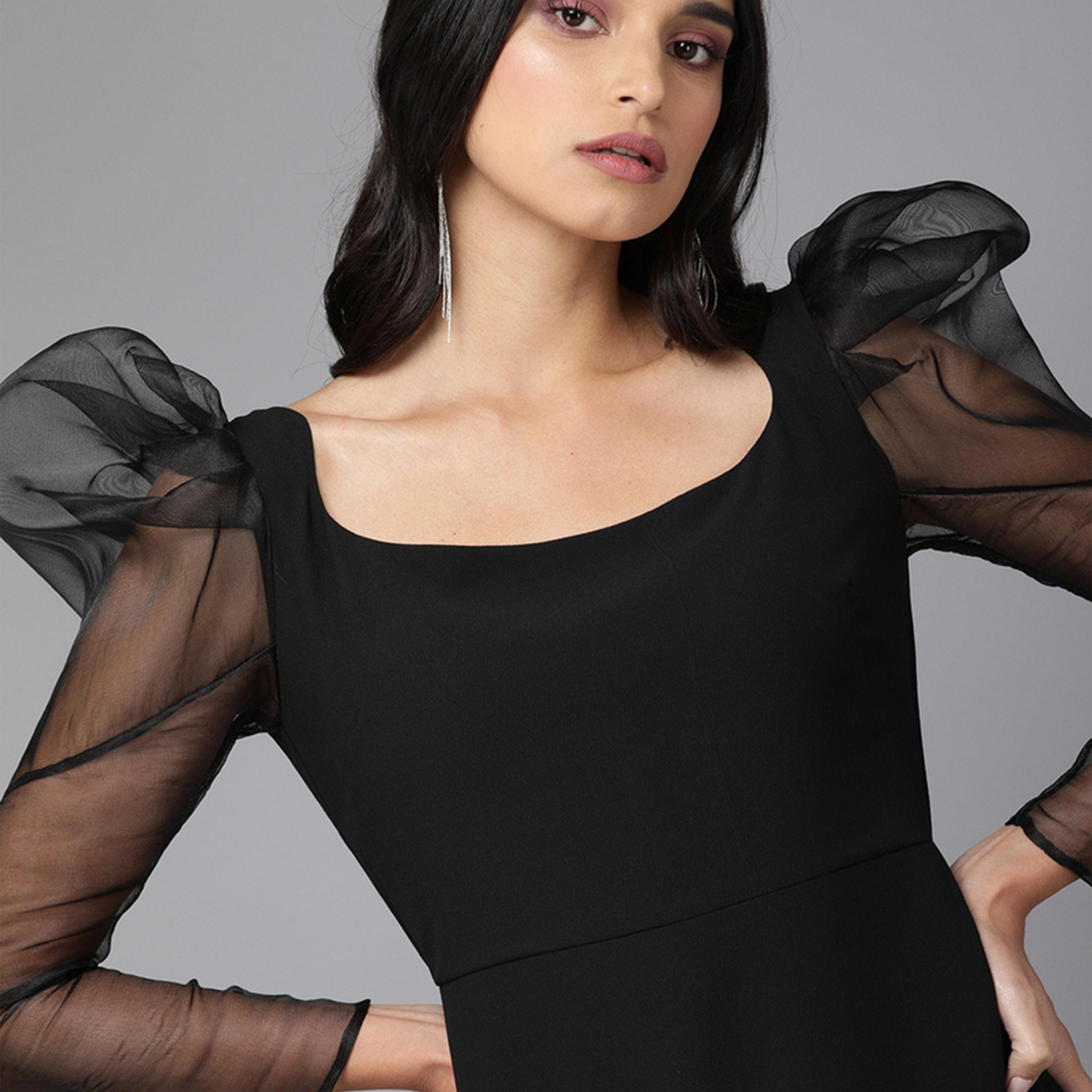 Mish X Styli Black colour knee length dress with long puff sleeves-women-clothing-dresses-image-2