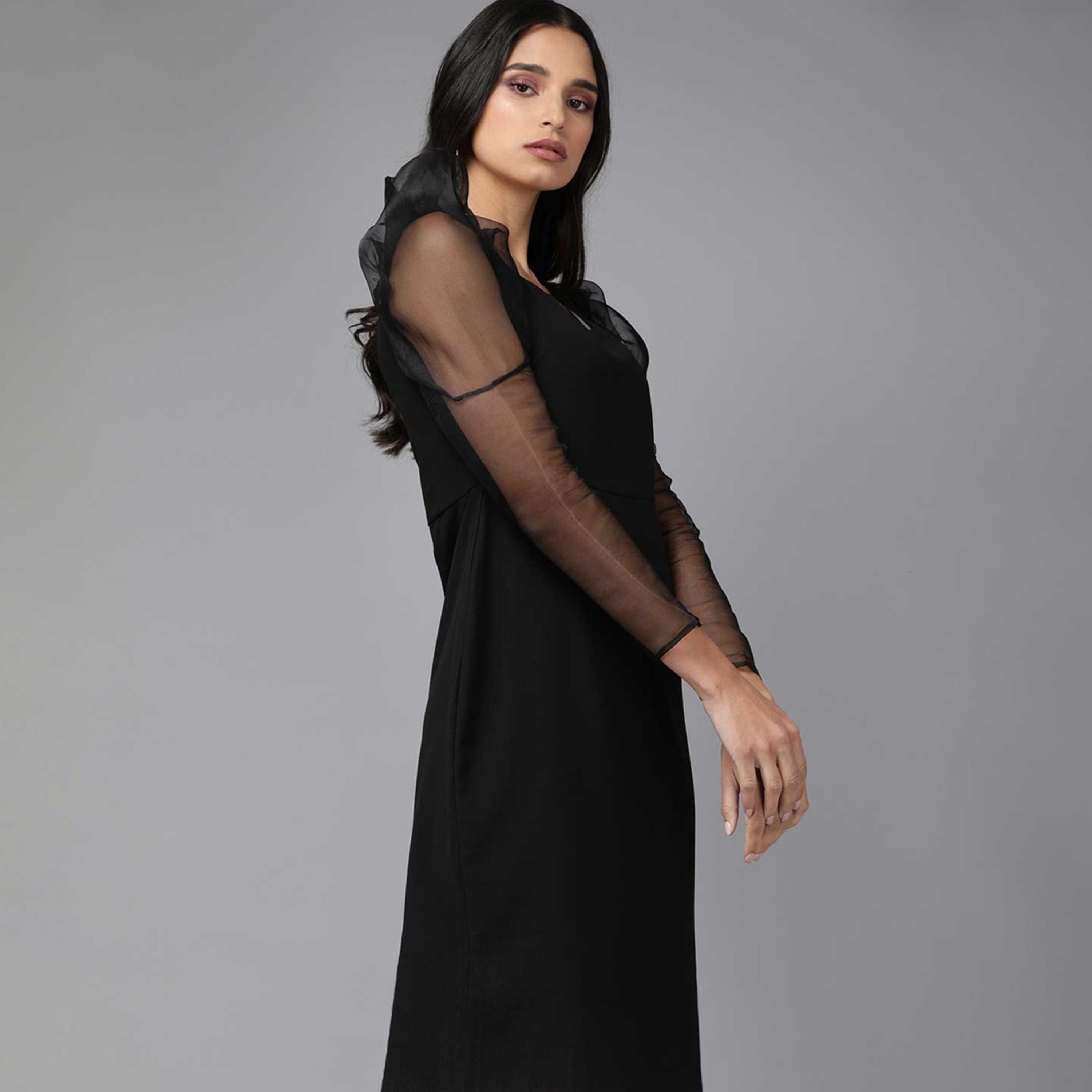 Mish X Styli Black colour knee length dress with long puff sleeves-women-clothing-dresses-image-3