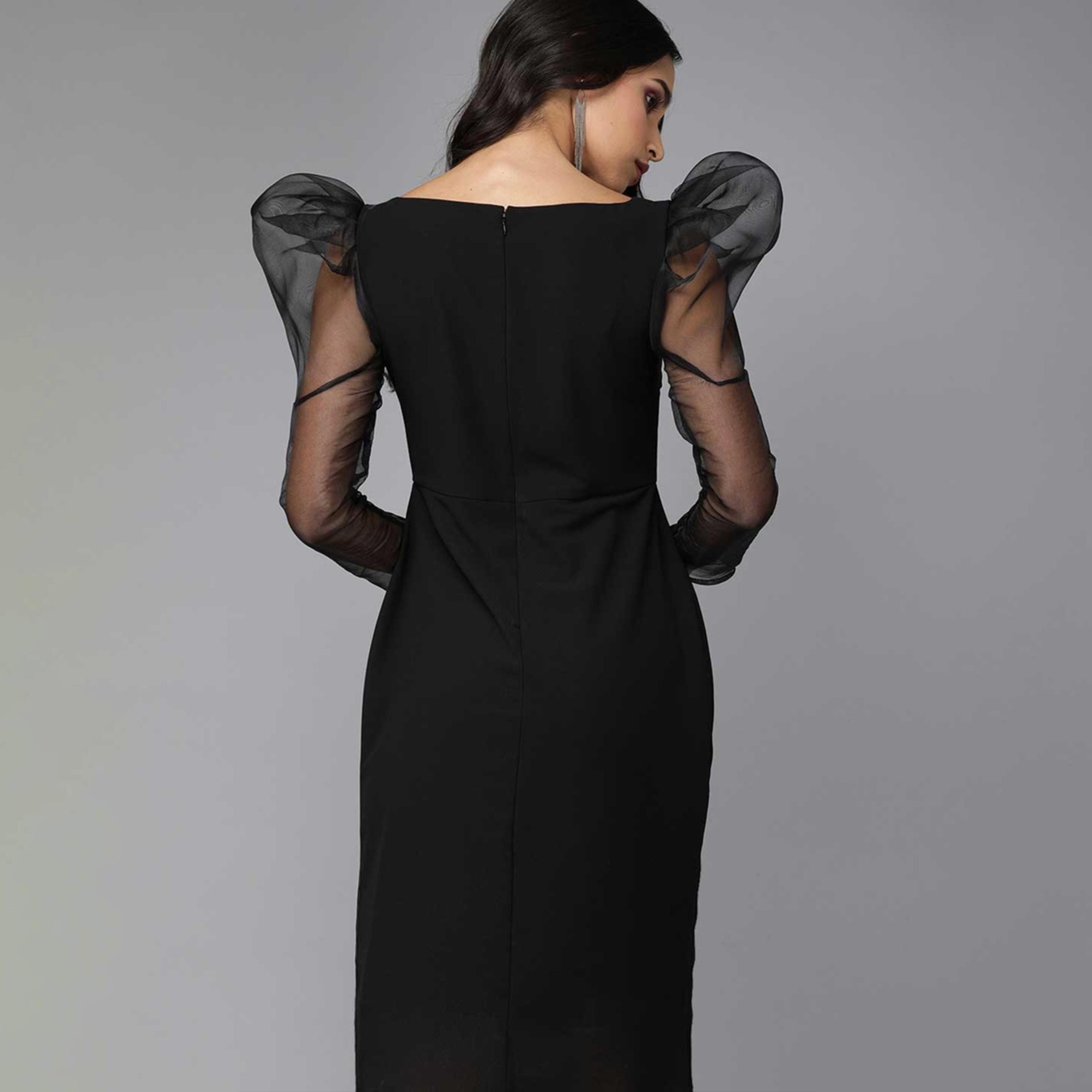 مش × ستايلي-  فستان أسود بطول الركبة وأكمام طويلة منفوخة-women-clothing-dresses-image-4