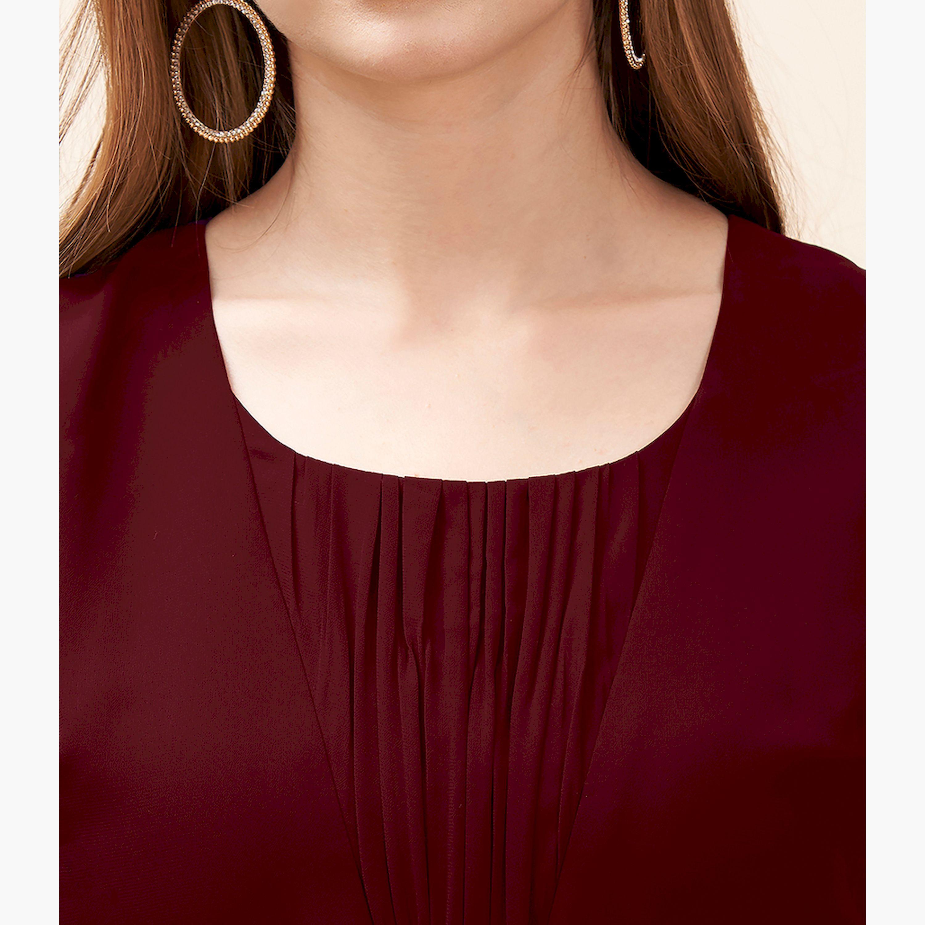 مش × ستايلي-  فستان ماكسي كستنائي اللون مع رقبة دائرية وتفاصيل مطرزة عند الخصر-women-clothing-dresses-image-2