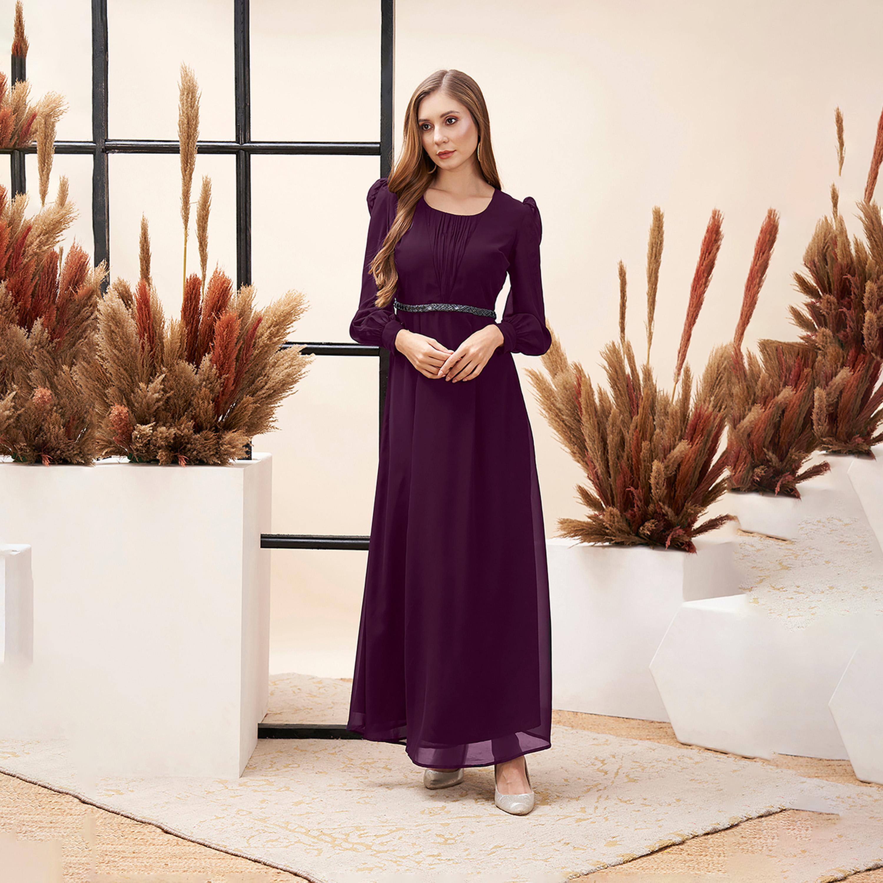 ميش × ستايلي - فستان ماكسي بنفسجي برقبة دائرية وتفاصيل تطريز عند الخصر-women-clothing-dresses-image-3
