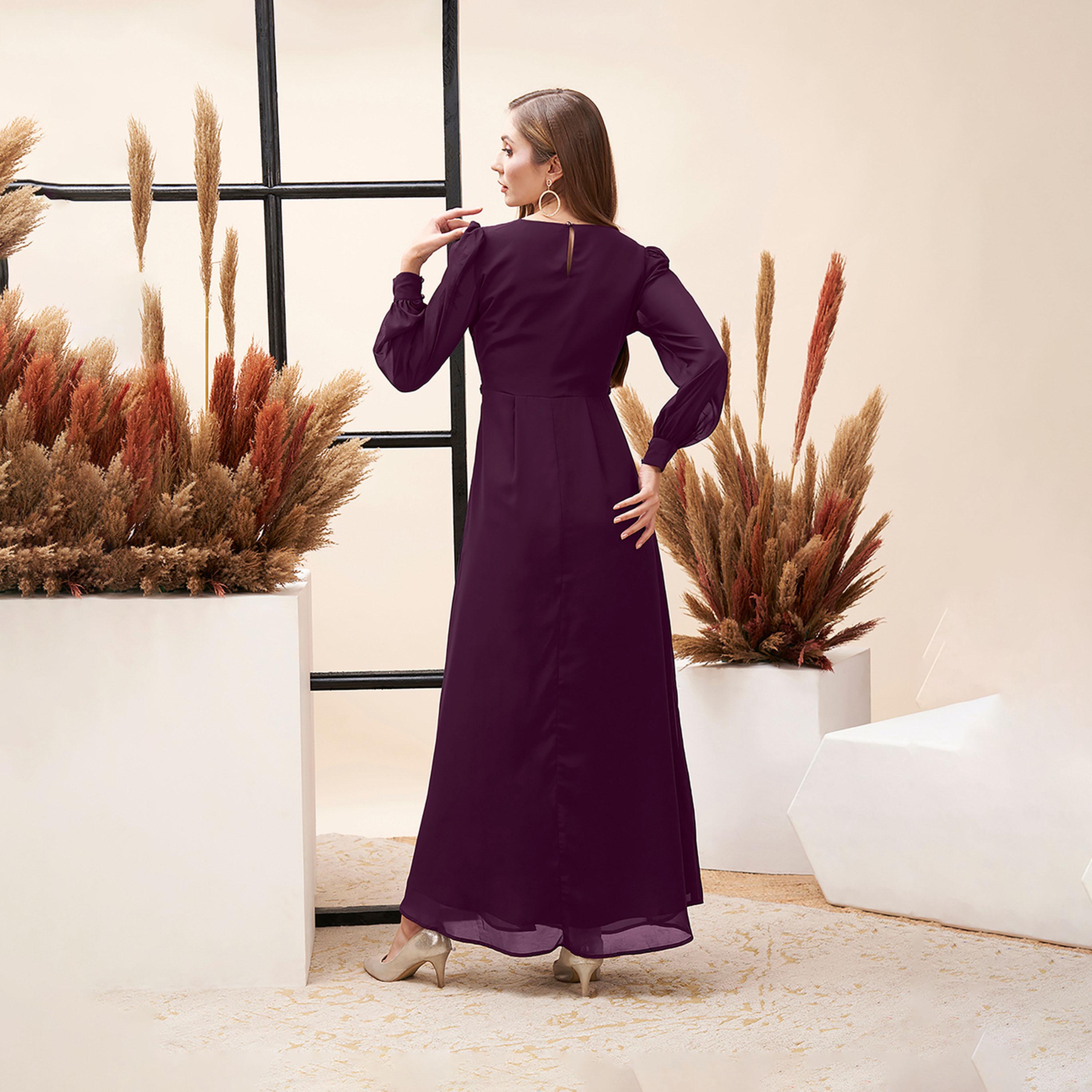 ميش × ستايلي - فستان ماكسي بنفسجي برقبة دائرية وتفاصيل تطريز عند الخصر-women-clothing-dresses-image-5