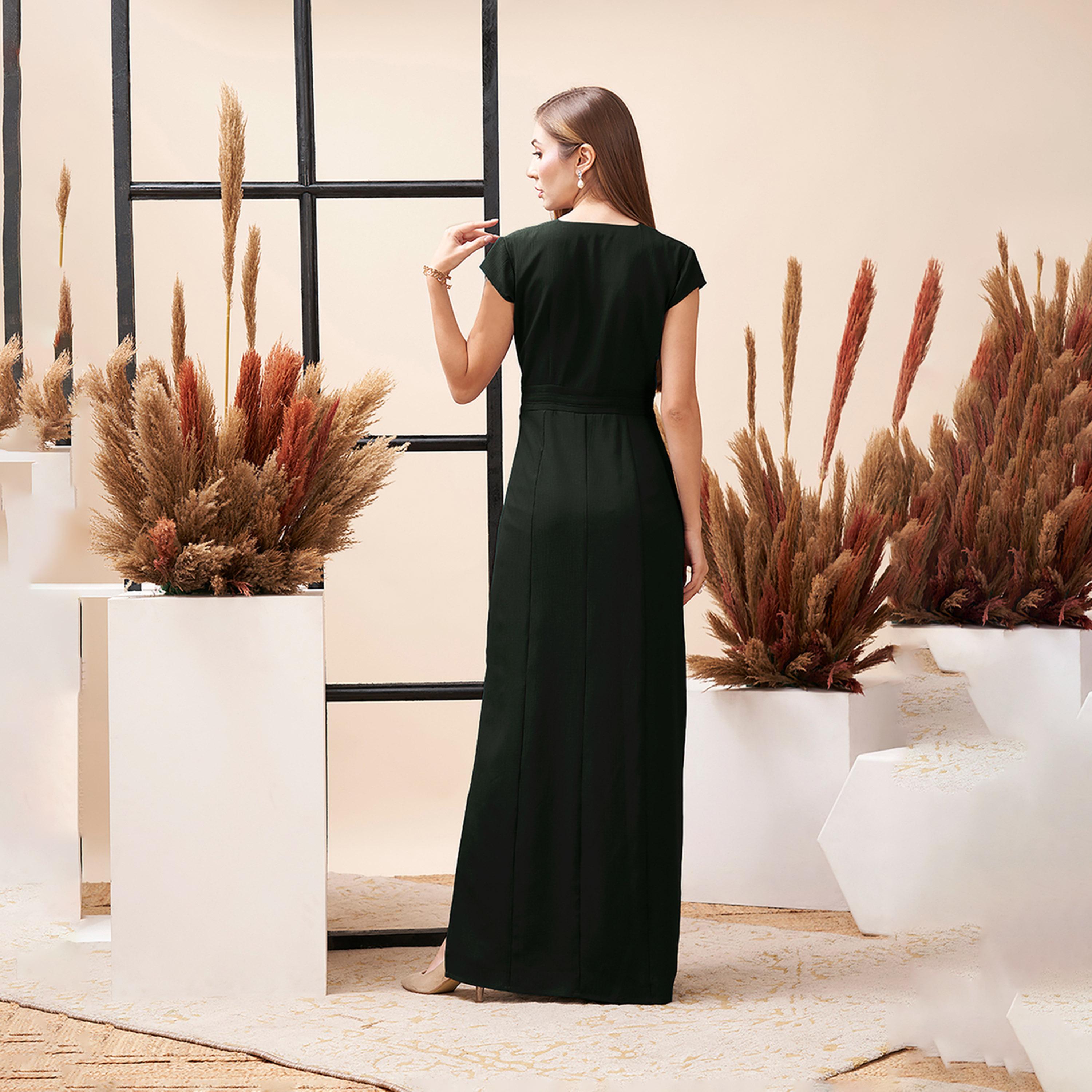ميش × ستايلي - فستان ماكسي زيتوني بفتحة رقبة على شكل V وحزام في المنتصف-women-clothing-dresses-image-5