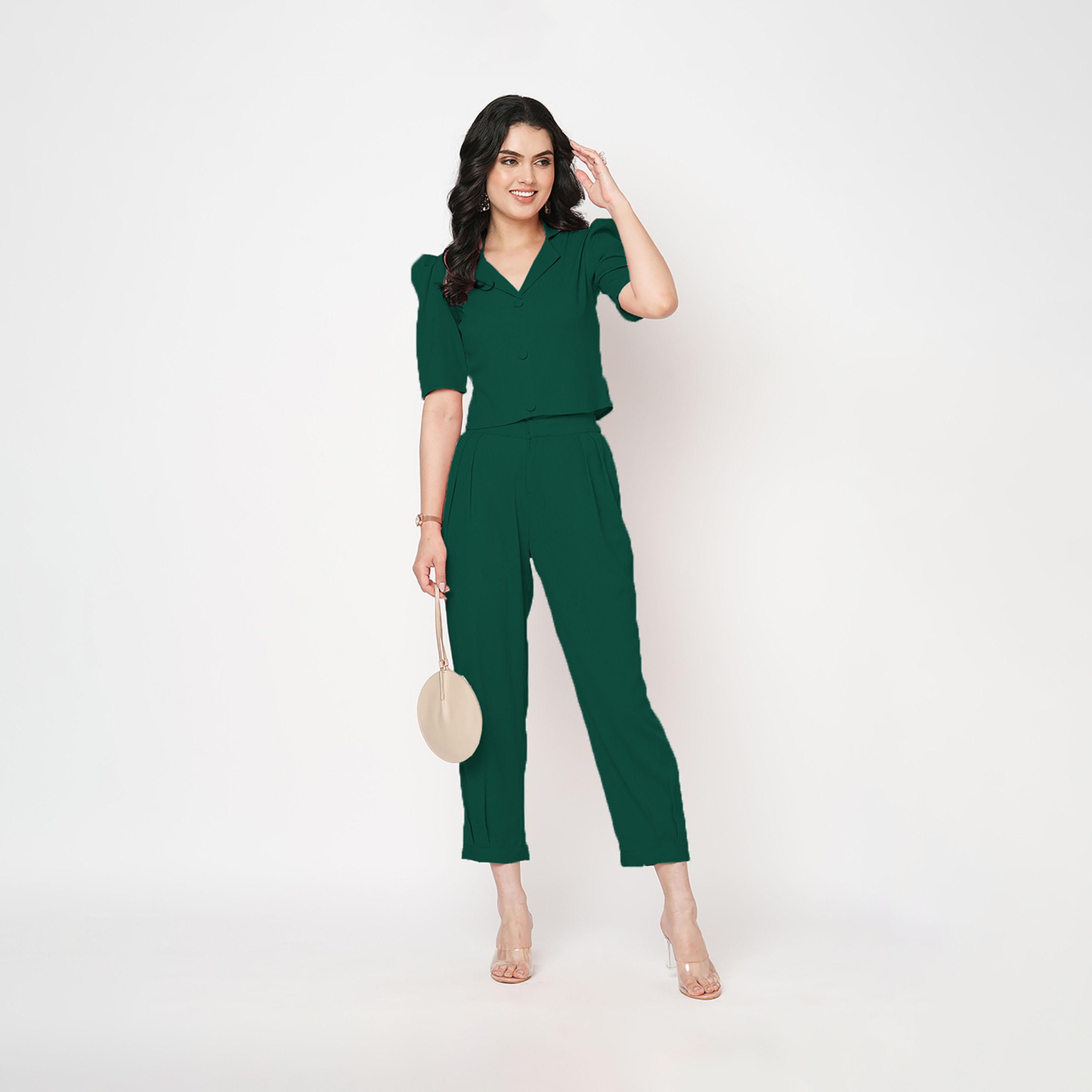 ميش × ستايلي - طقم باللون الأخضر مكون من بلوزة بتصميم بليزر وبنطلون بقصّة مستقيمة-women-clothing-coordsets-image-1
