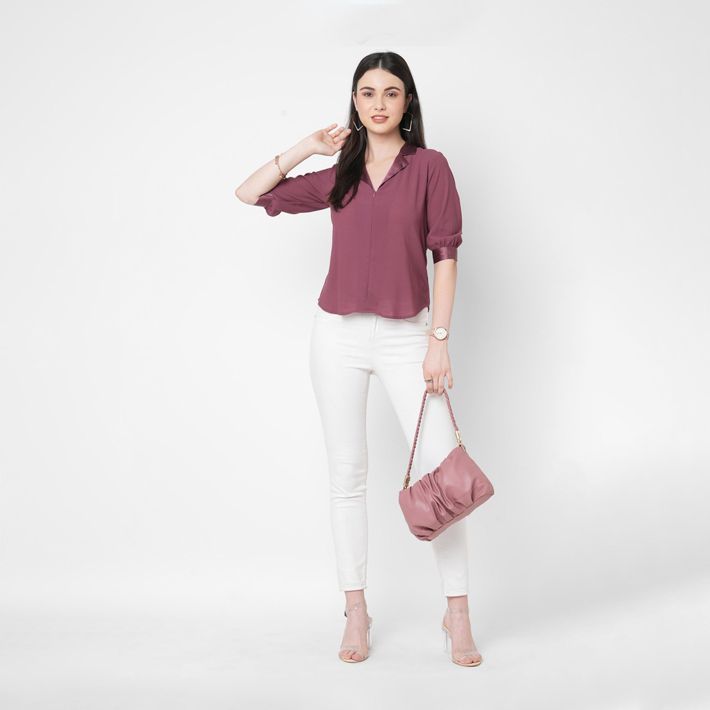 ميش ستايلي - بلوزة بياقة ساتان متباينة وأكمام مطوية-women-clothing-shirtsandblouses-blouses-image-1