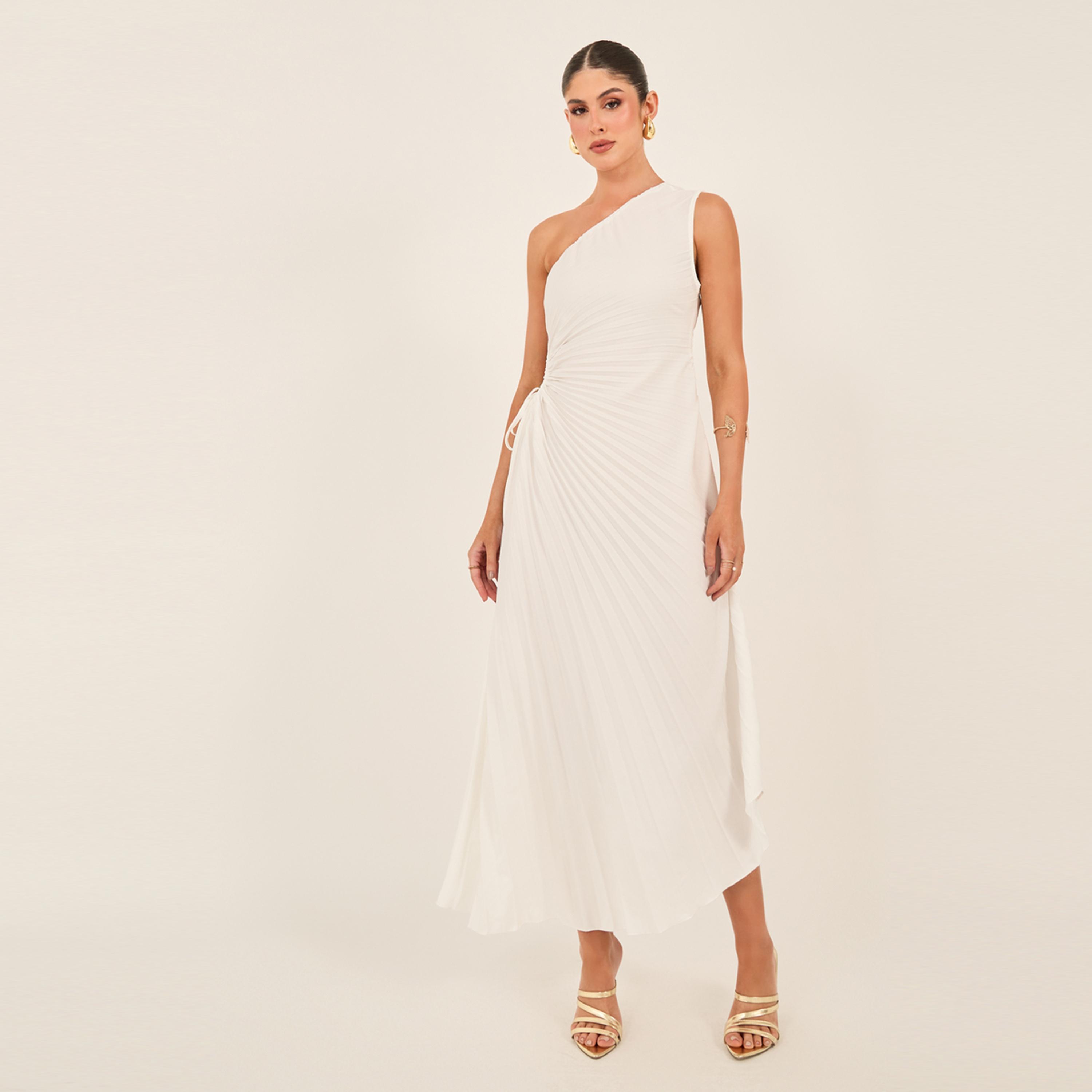 Styli Solid One Shoulder Shift Maxi Dress With Ruched Detail-women-clothing-dresses-image-2