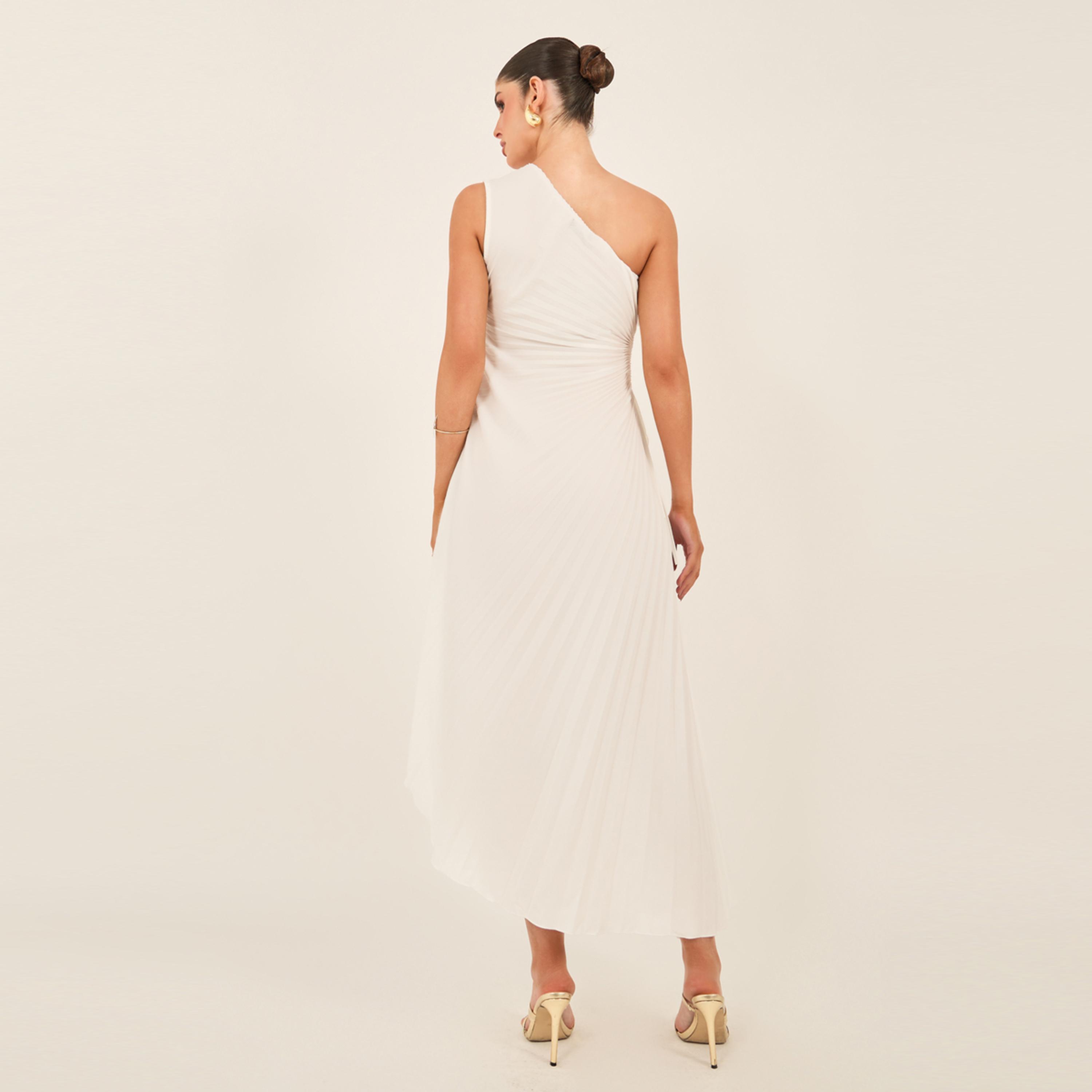 ستايلي - فستان ماكسي سادة بكتف واحد مع تفاصيل كشكشة-women-clothing-dresses-image-1