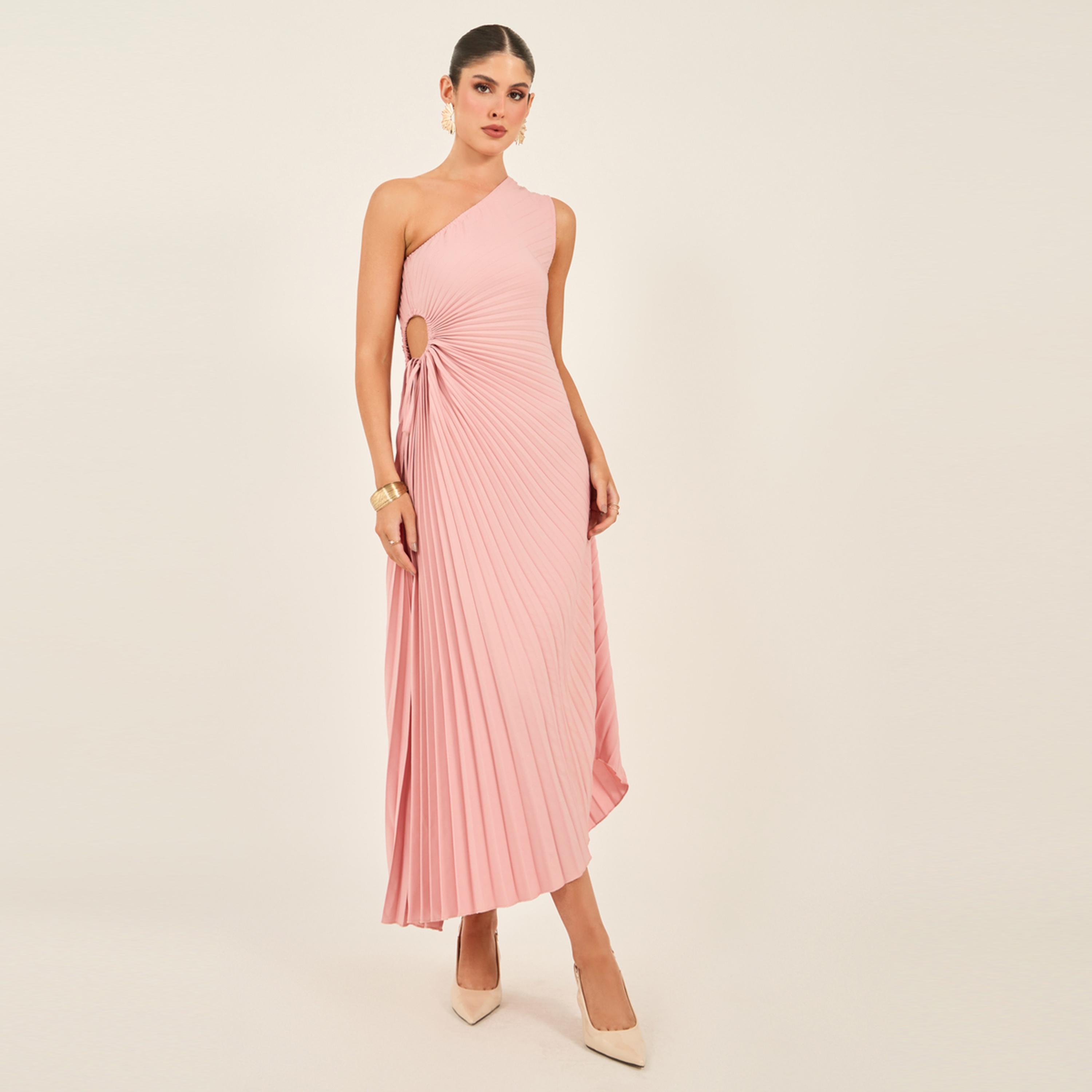 Styli Solid One Shoulder Shift Maxi Dress With Ruched Detail-women-clothing-dresses-image-1