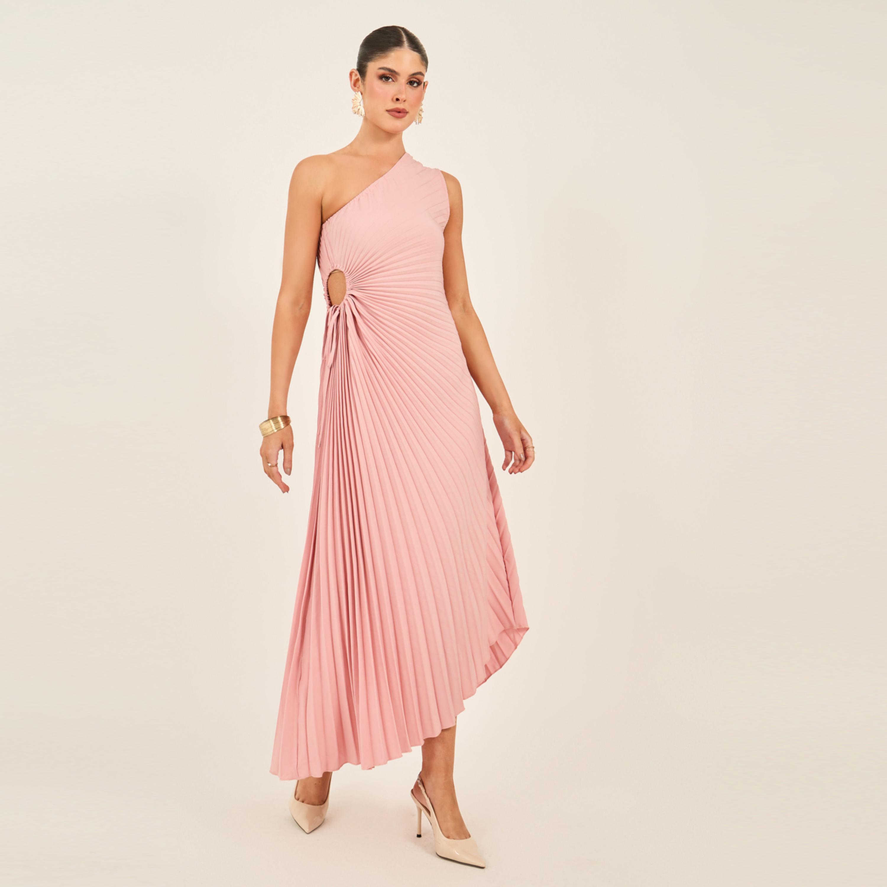 Styli Solid One Shoulder Shift Maxi Dress With Ruched Detail-women-clothing-dresses-image-2