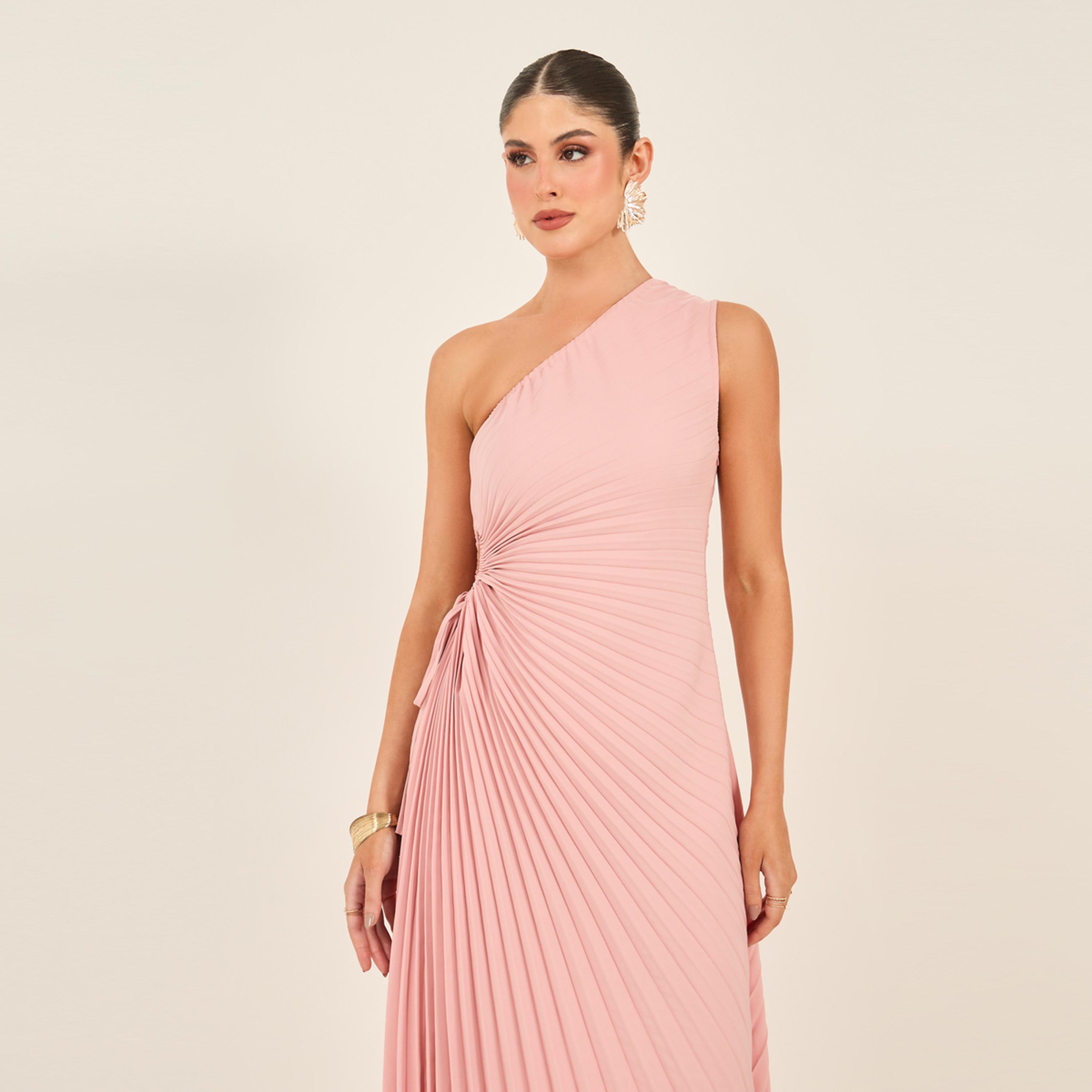 Styli Solid One Shoulder Shift Maxi Dress With Ruched Detail-women-clothing-dresses-image-3