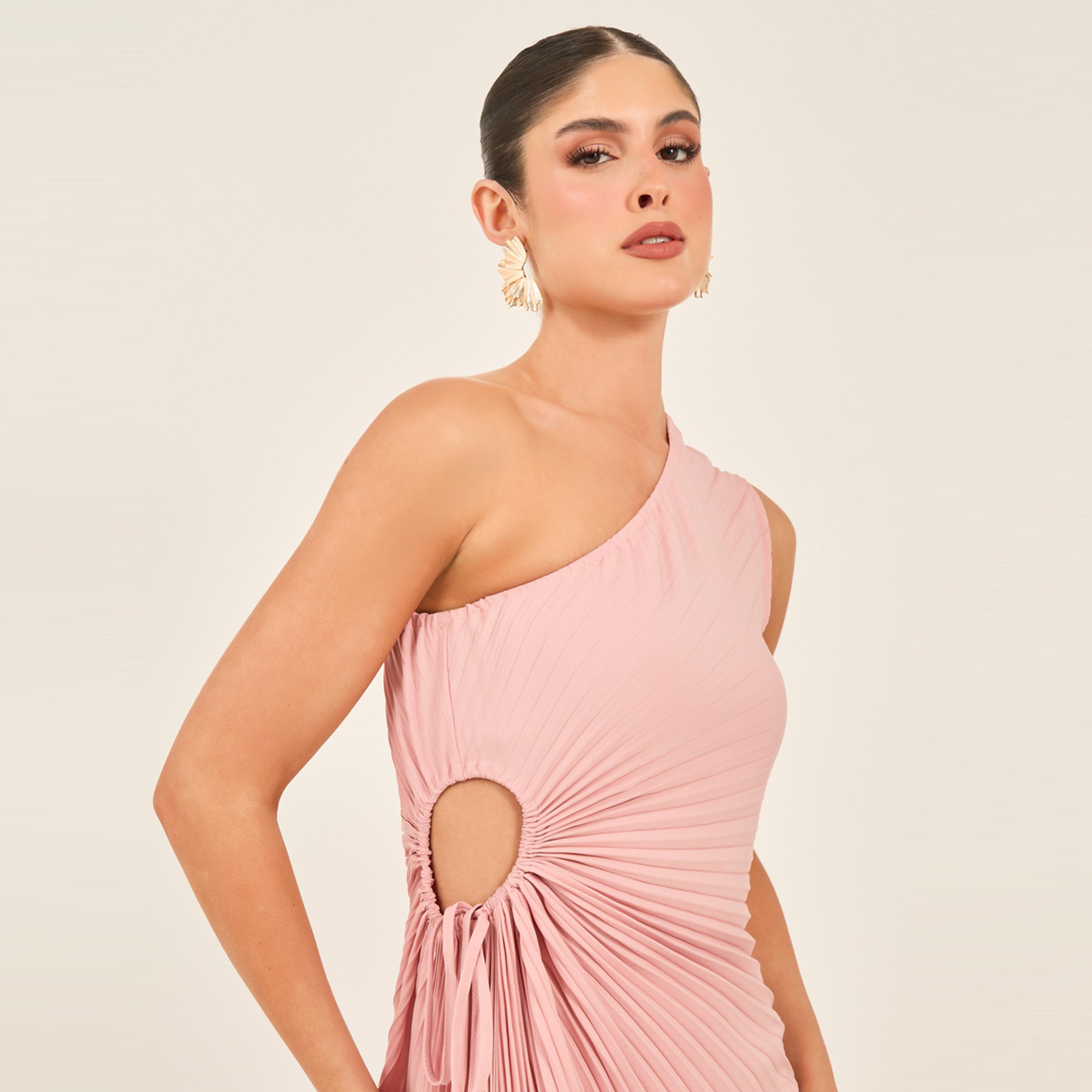 Styli Solid One Shoulder Shift Maxi Dress With Ruched Detail-women-clothing-dresses-image-4