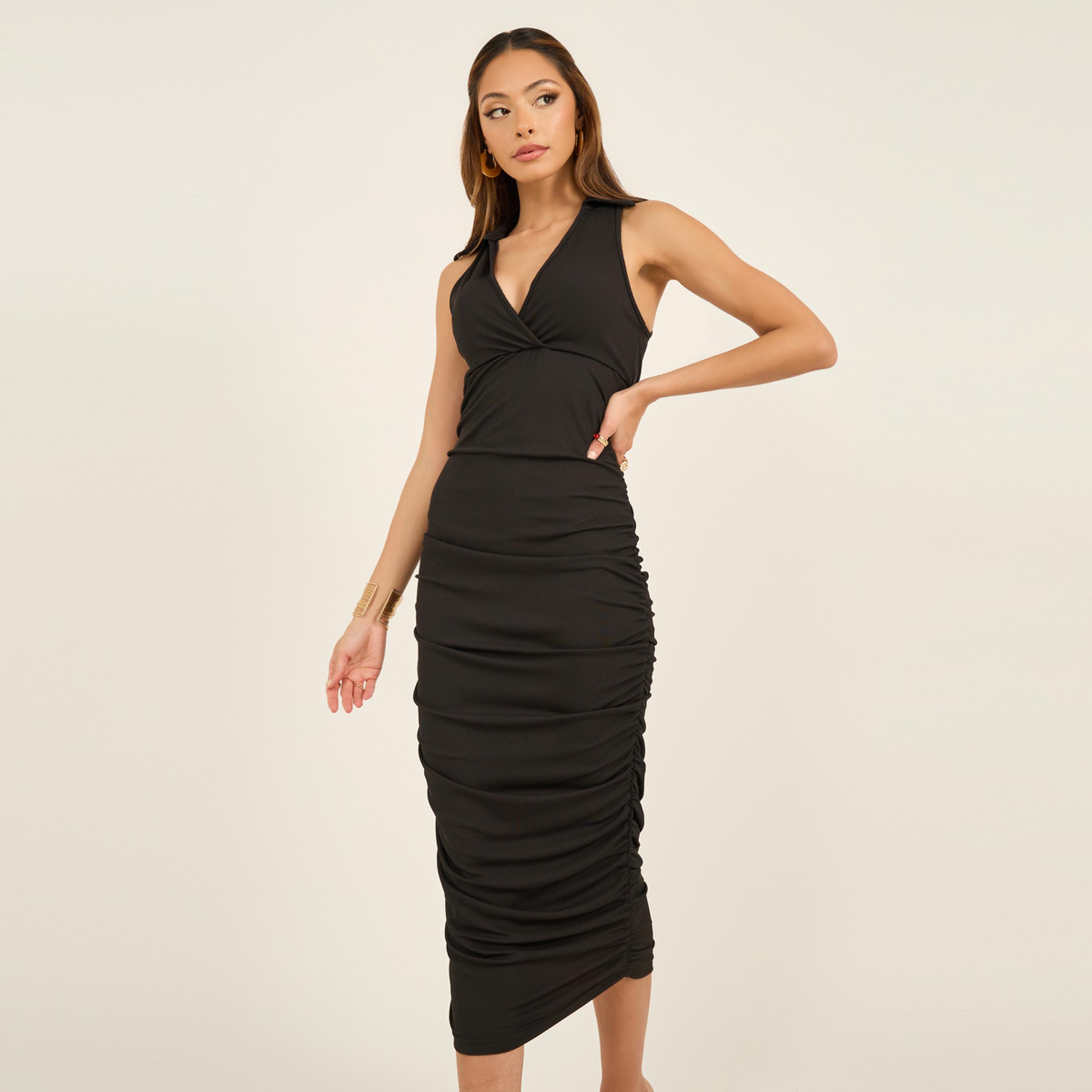 ستايلي - فستان ميدي ضيق بدون أكمام بتفاصيل مكشكشة-women-clothing-dresses-image-4